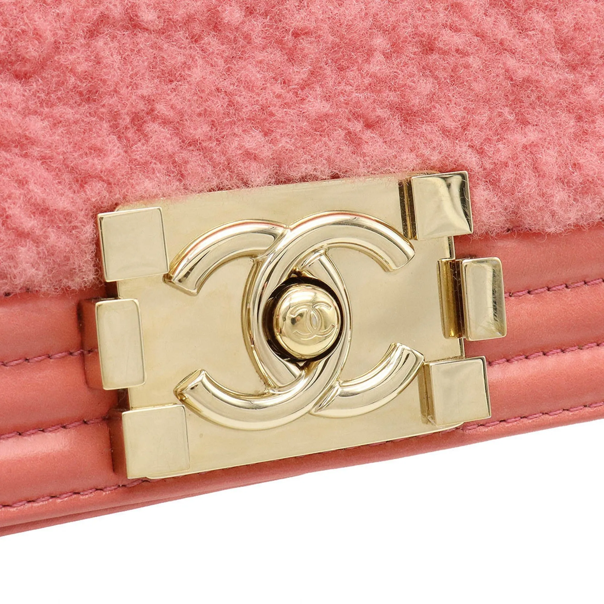 CHANEL Boy Boa Chain Bag Shoulder Clutch Mouton Leather Coral Pink
