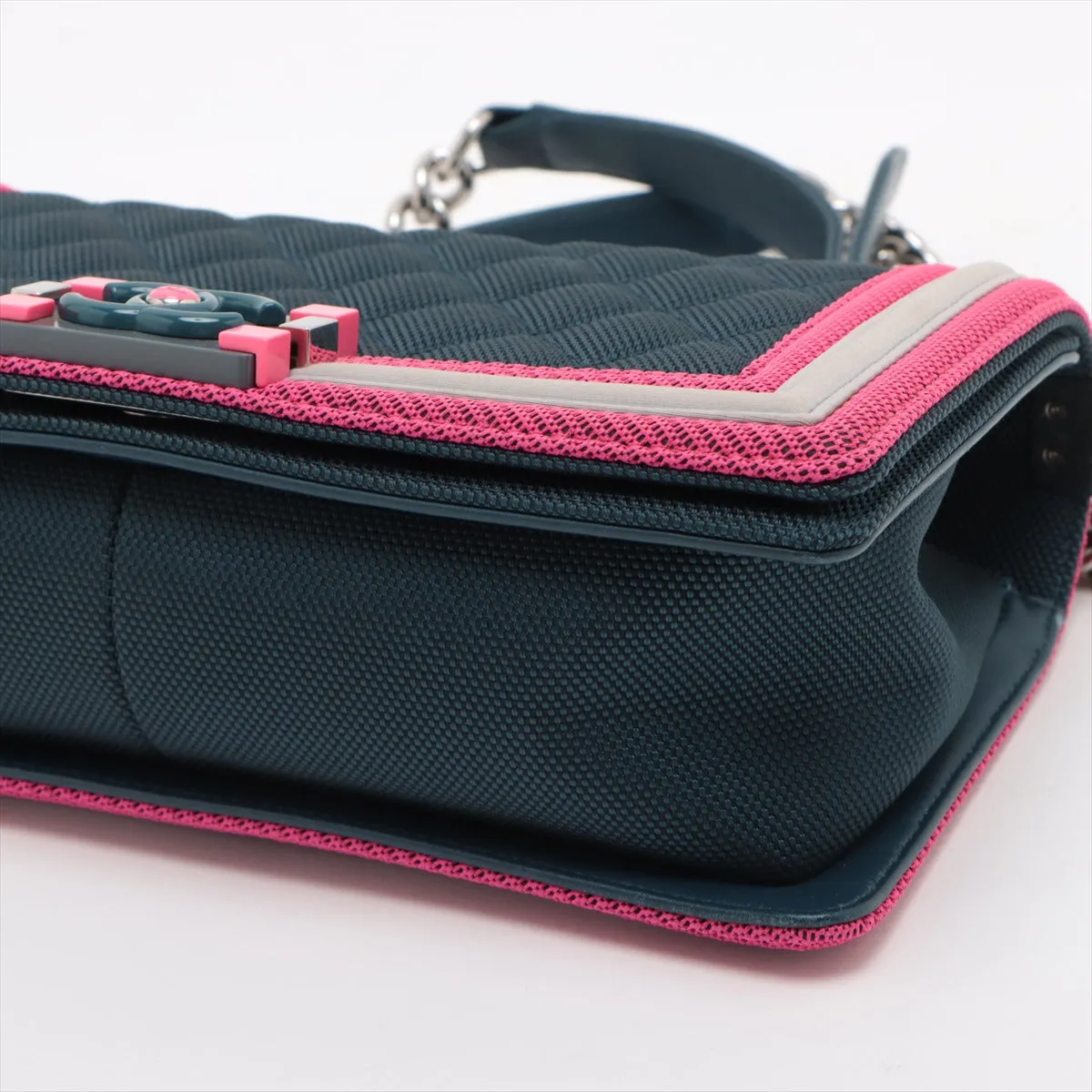 CHANEL Boy Chain Shoulder Bag in Nylon Navy Pink