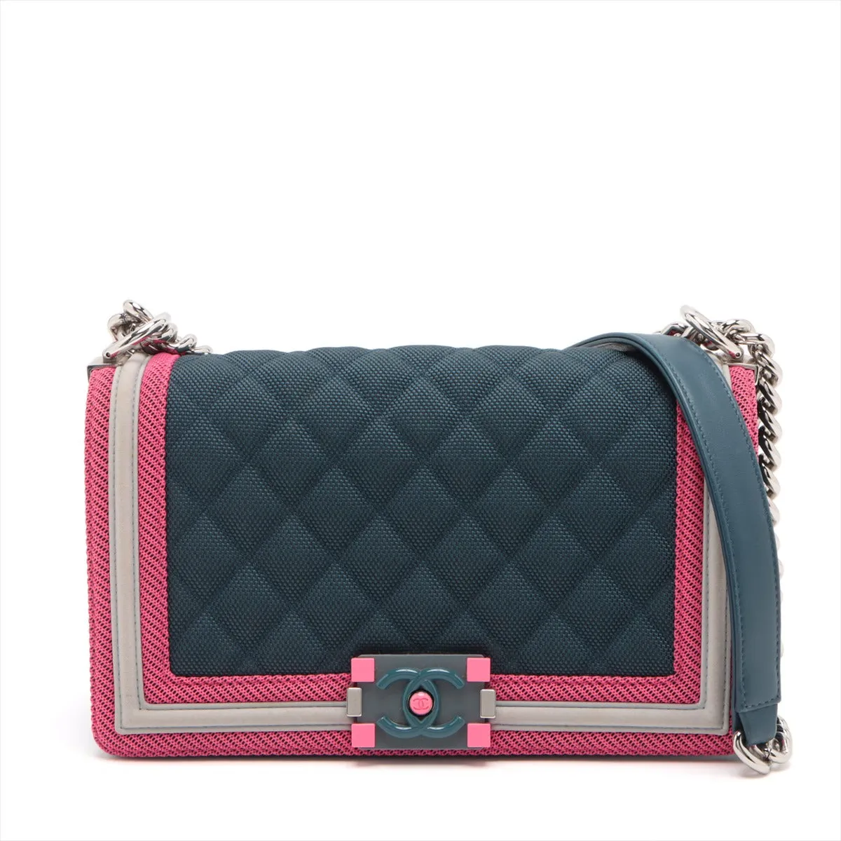 CHANEL Boy Chain Shoulder Bag in Nylon Navy Pink