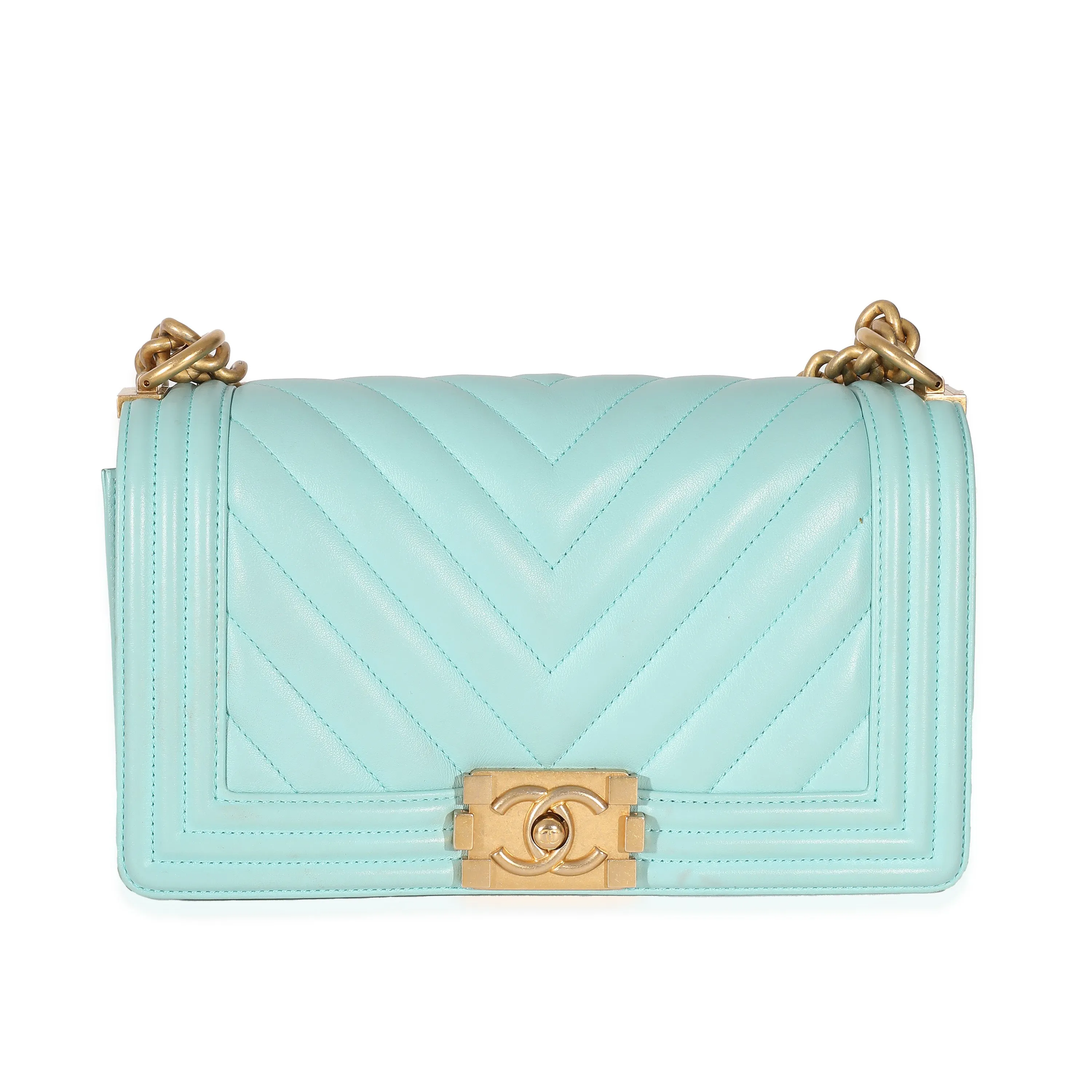 CHANEL Light Blue Chevron Lambskin Medium Boy Bag