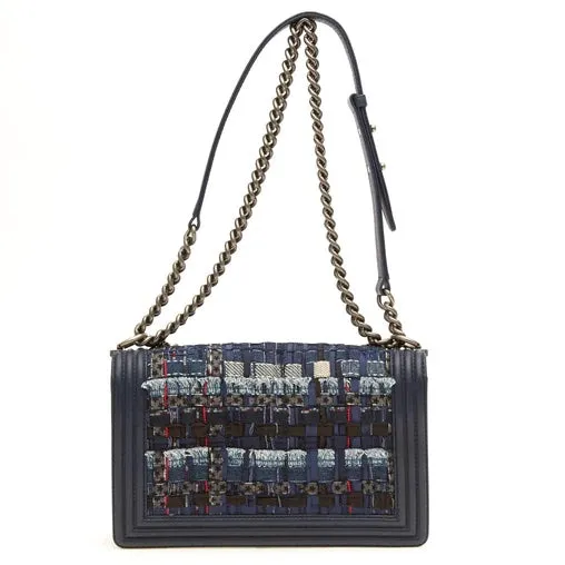 CHANEL NAVY BOUCLE TWEED DECHAINED CHAIN BOY FLAP BAG