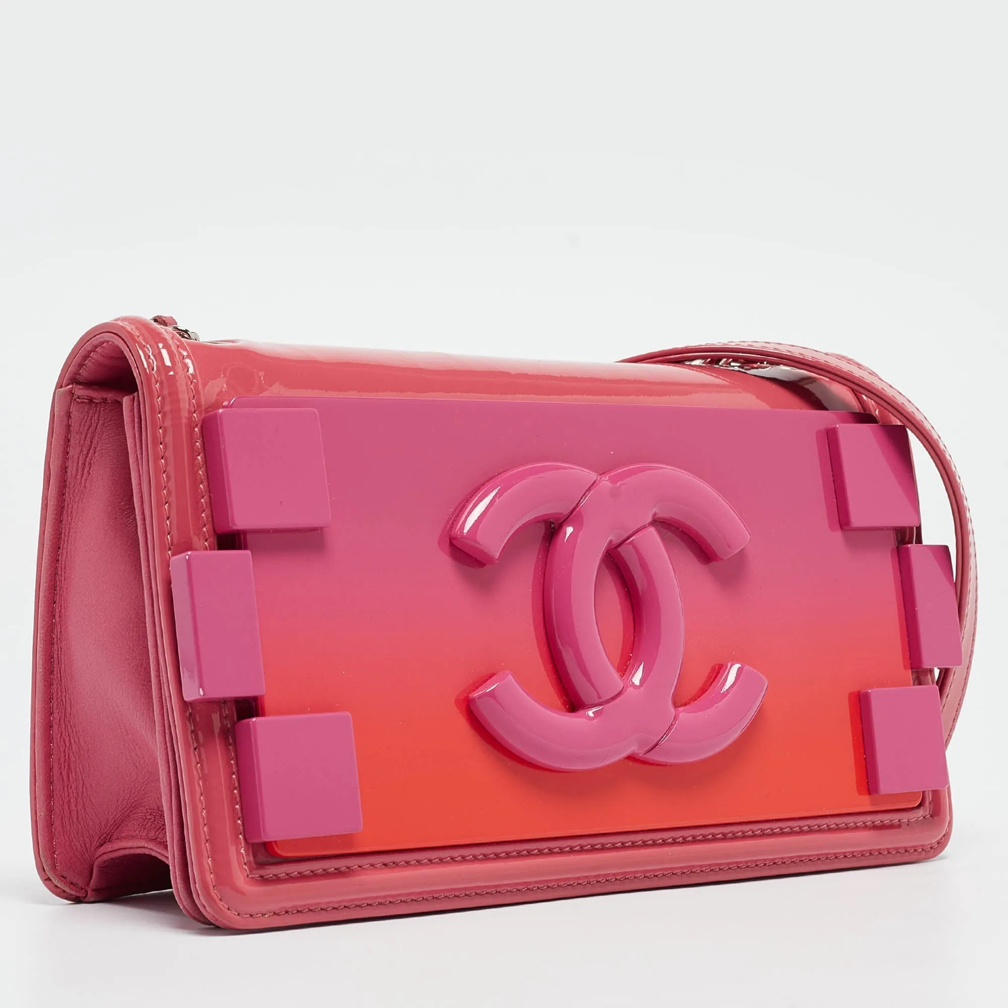 CHANEL Pink/Orange Plexiglass and Patent Leather Small Boy Brick Flap Bag