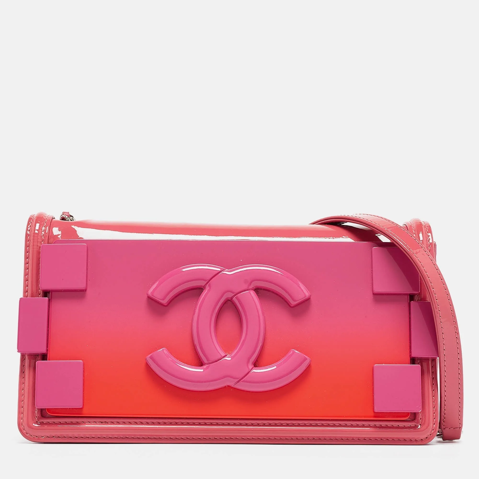 CHANEL Pink/Orange Plexiglass and Patent Leather Small Boy Brick Flap Bag