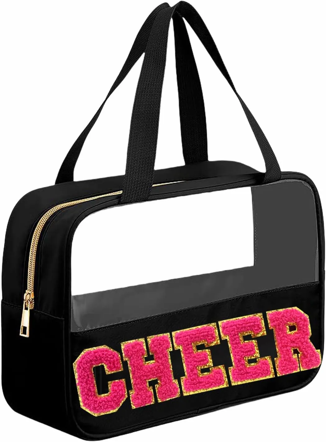 Chenille Pink Letter Cheer Bag Cheerleader Gifts for Team Women Girls Cheer Stuff Accessories Makeup Bag with Handle and Zipper, Cheer Gifts