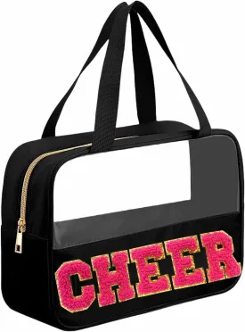 Chenille Pink Letter Cheer Bag Cheerleader Gifts for Team Women Girls Cheer Stuff Accessories Makeup Bag with Handle and Zipper, Cheer Gifts