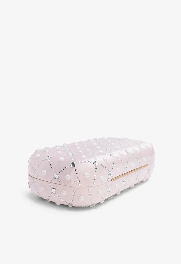 Choice Crystal And Faux Pearls Embellished Clutch Light Pink