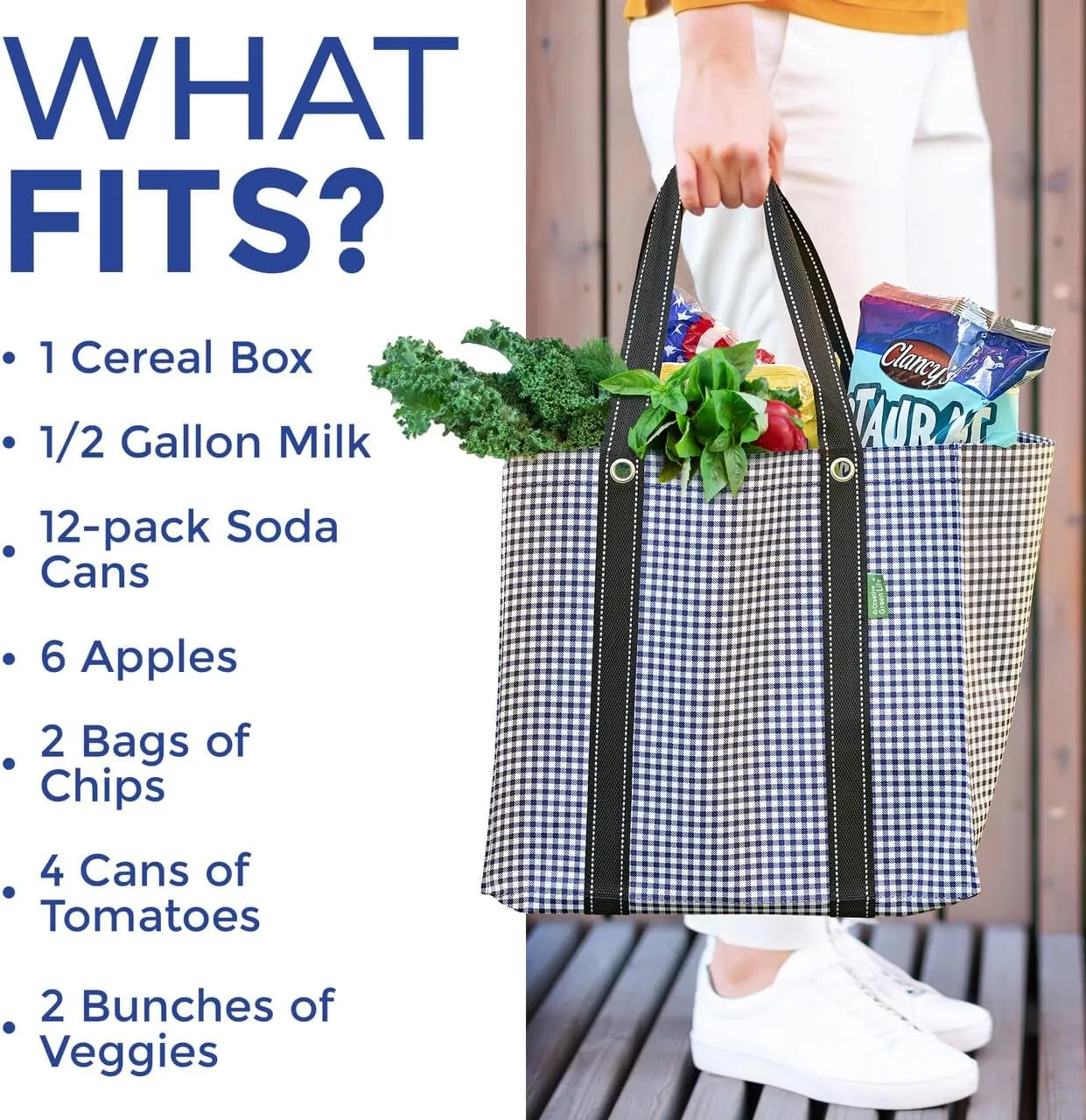 Creative Green Life 3 Pack Heavy Duty Reusable Grocery Bags with Hard Bottom & Strong Handles  Foldable, Durable, Easy to clean, Water-Resistant & Multi-Purpose (Blue Checkered)