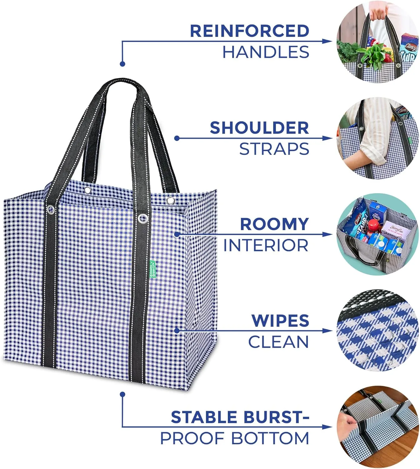 Creative Green Life 3 Pack Heavy Duty Reusable Grocery Bags with Hard Bottom & Strong Handles  Foldable, Durable, Easy to clean, Water-Resistant & Multi-Purpose (Blue Checkered)