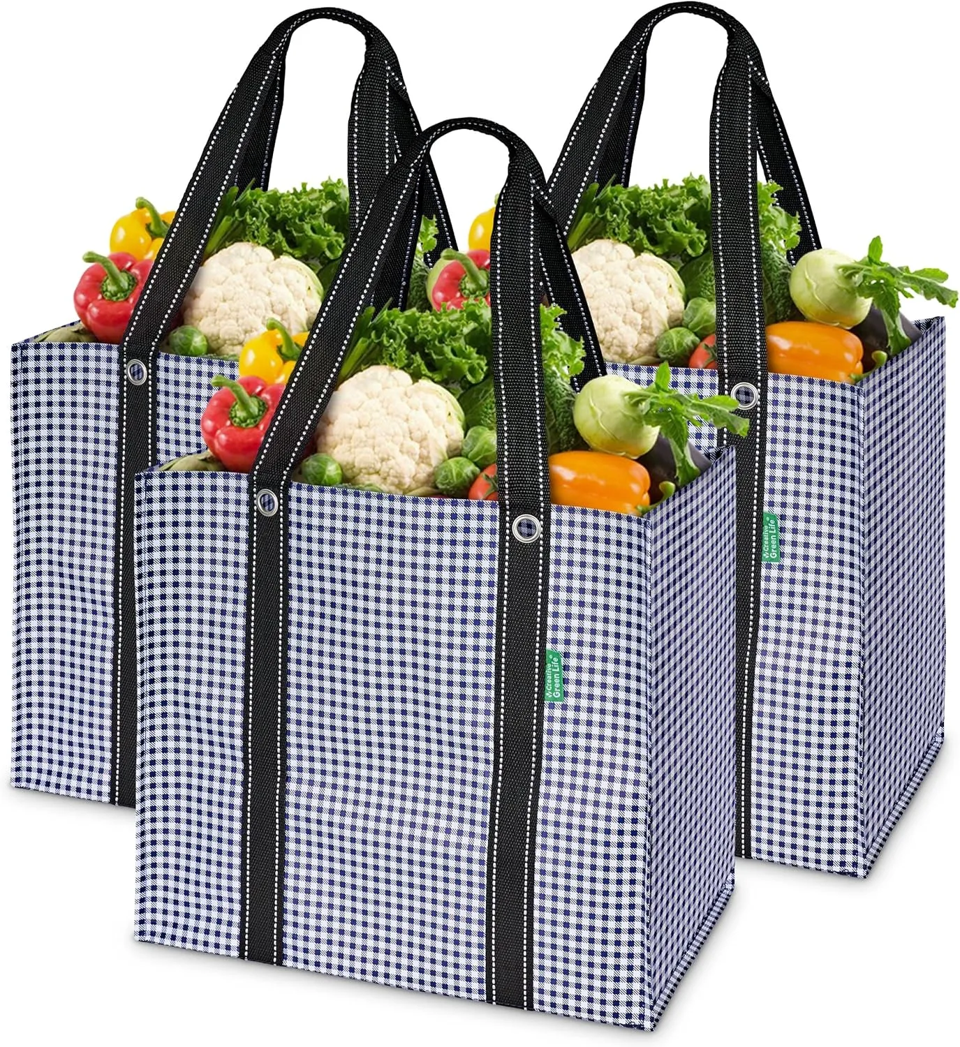Creative Green Life 3 Pack Heavy Duty Reusable Grocery Bags with Hard Bottom & Strong Handles  Foldable, Durable, Easy to clean, Water-Resistant & Multi-Purpose (Blue Checkered)