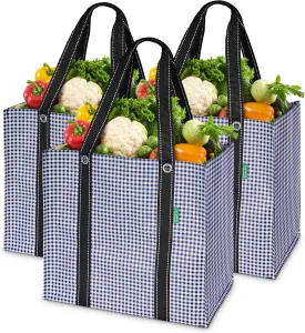 Creative Green Life 3 Pack Heavy Duty Reusable Grocery Bags with Hard Bottom & Strong Handles  Foldable, Durable, Easy to clean, Water-Resistant & Multi-Purpose (Blue Checkered)