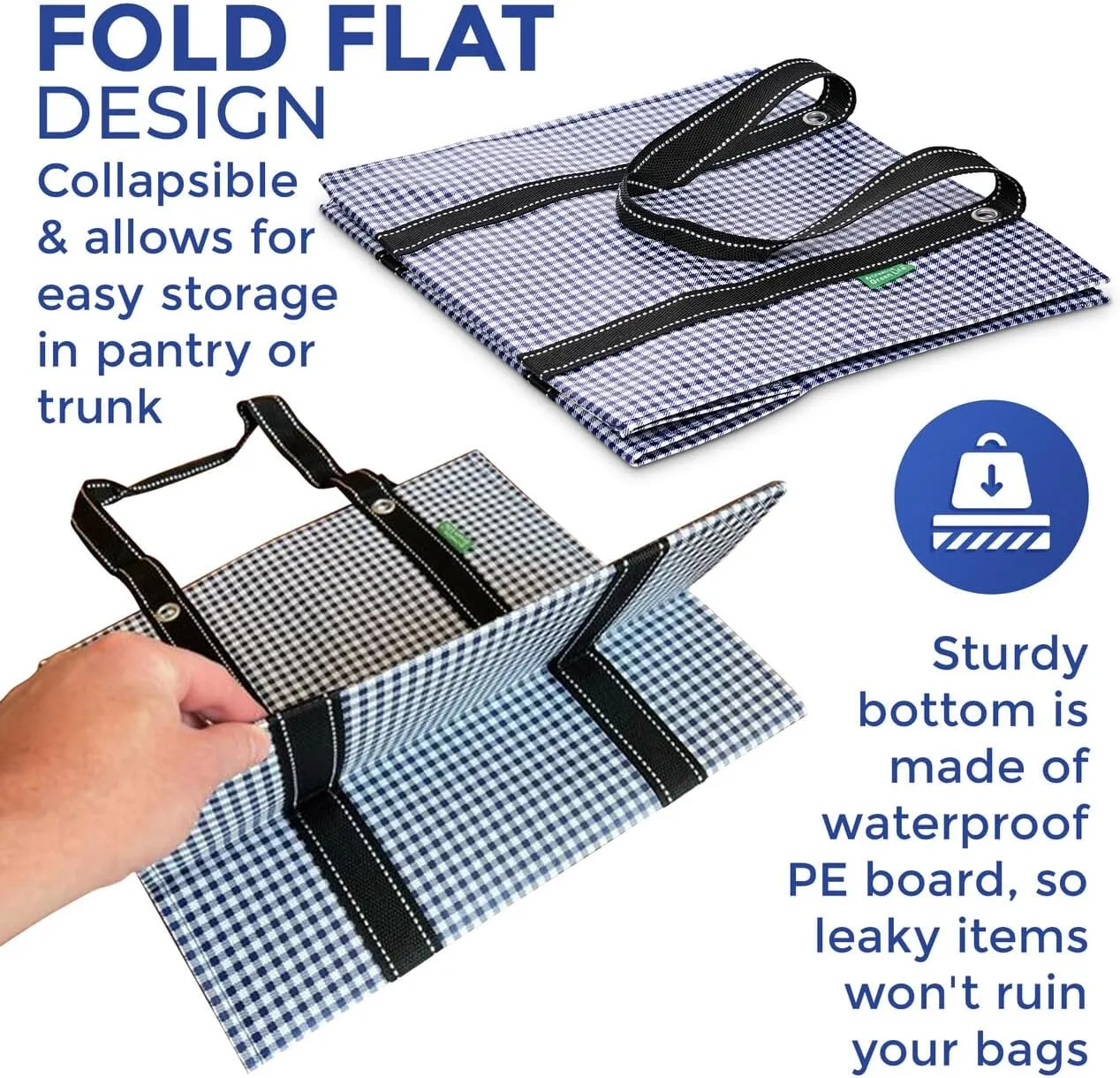 Creative Green Life 3 Pack Heavy Duty Reusable Grocery Bags with Hard Bottom & Strong Handles  Foldable, Durable, Easy to clean, Water-Resistant & Multi-Purpose (Blue Checkered)