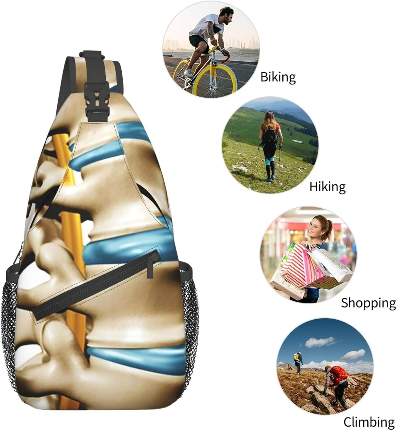 Crossbody Sling Bag for Men Women, Human Spine Anatomy Section Spinal Sling Backpack Shoulder Chest Bag, Anti Theft Travel Hiking Daypacks