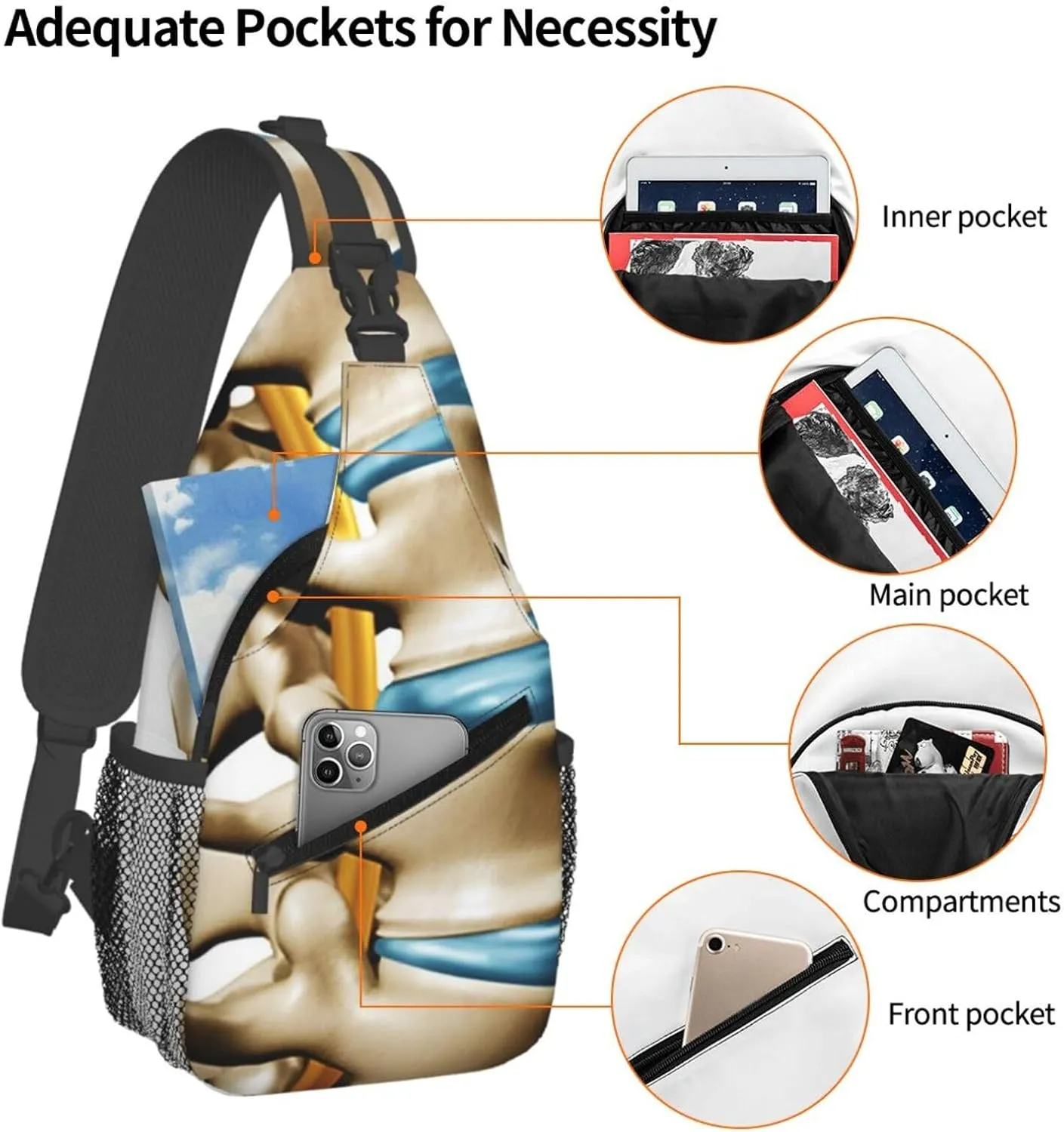 Crossbody Sling Bag for Men Women, Human Spine Anatomy Section Spinal Sling Backpack Shoulder Chest Bag, Anti Theft Travel Hiking Daypacks