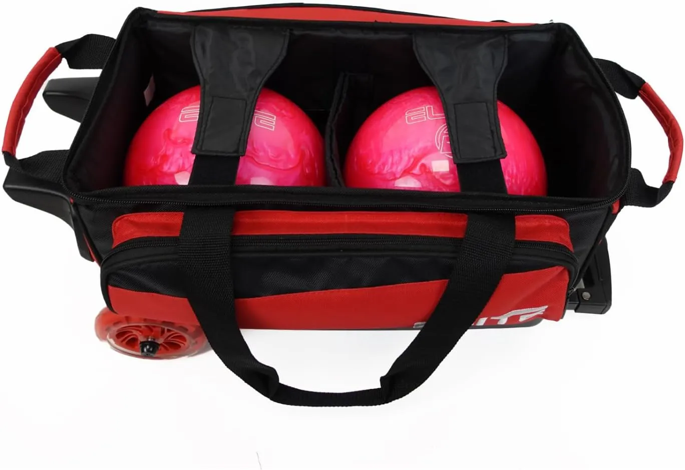 ELITE Deluxe 2 Ball Bowling Bag with 5" Smooth Wheels - Large Accessory Pocket, Shoe Compartment, 36" Extendable Handle