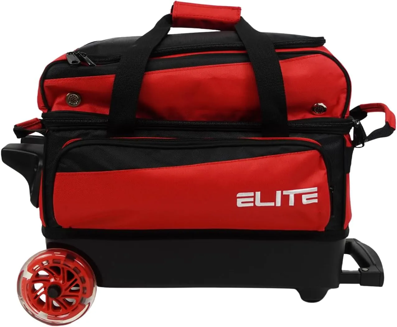 ELITE Deluxe 2 Ball Bowling Bag with 5" Smooth Wheels - Large Accessory Pocket, Shoe Compartment, 36" Extendable Handle