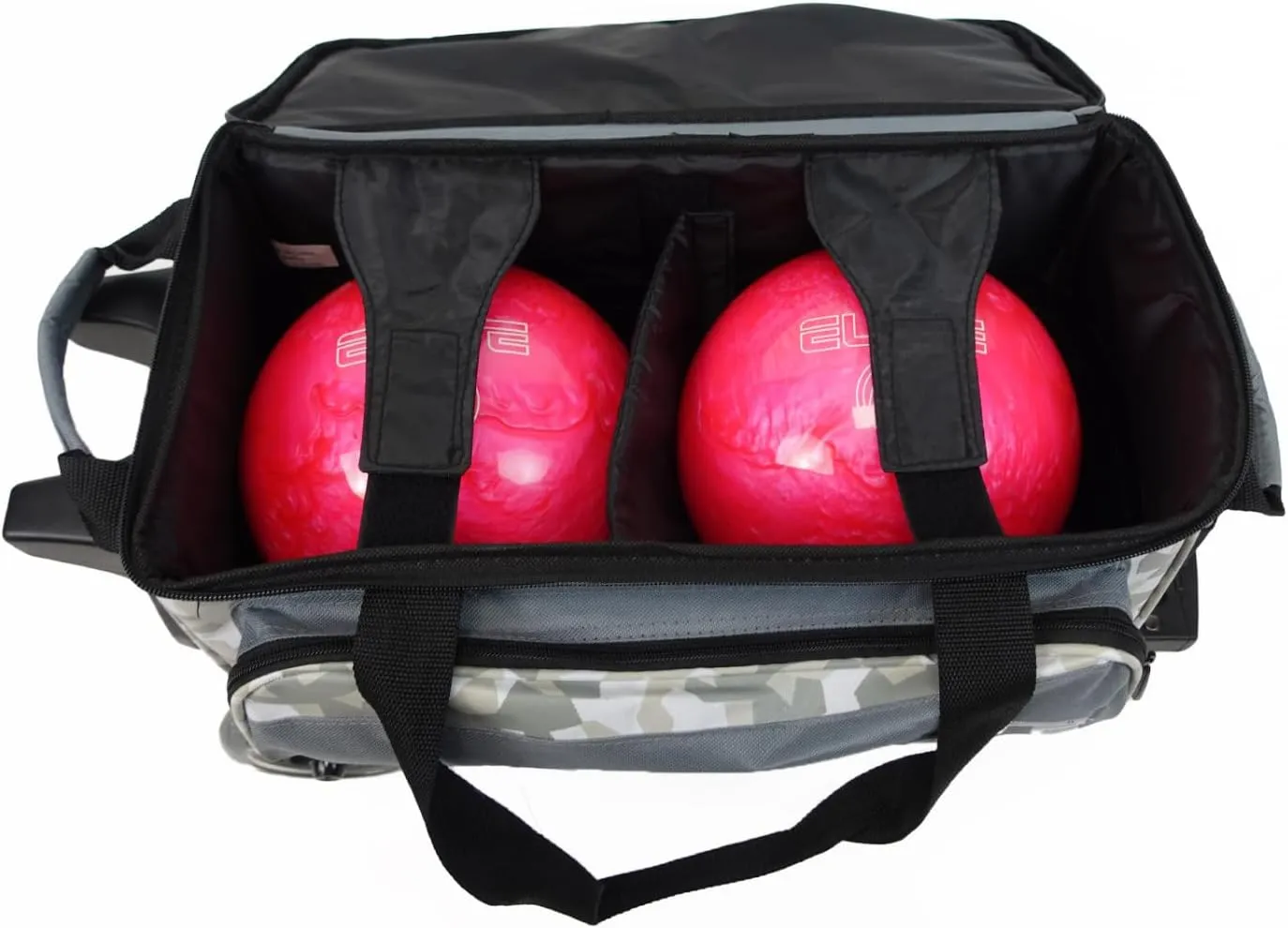 ELITE Deluxe 2 Ball Bowling Bag with 5" Smooth Wheels - Large Accessory Pocket, Shoe Compartment, 36" Extendable Handle