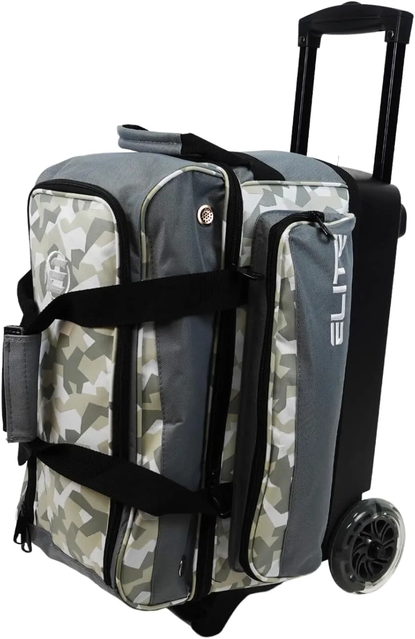 ELITE Deluxe 2 Ball Bowling Bag with 5" Smooth Wheels - Large Accessory Pocket, Shoe Compartment, 36" Extendable Handle