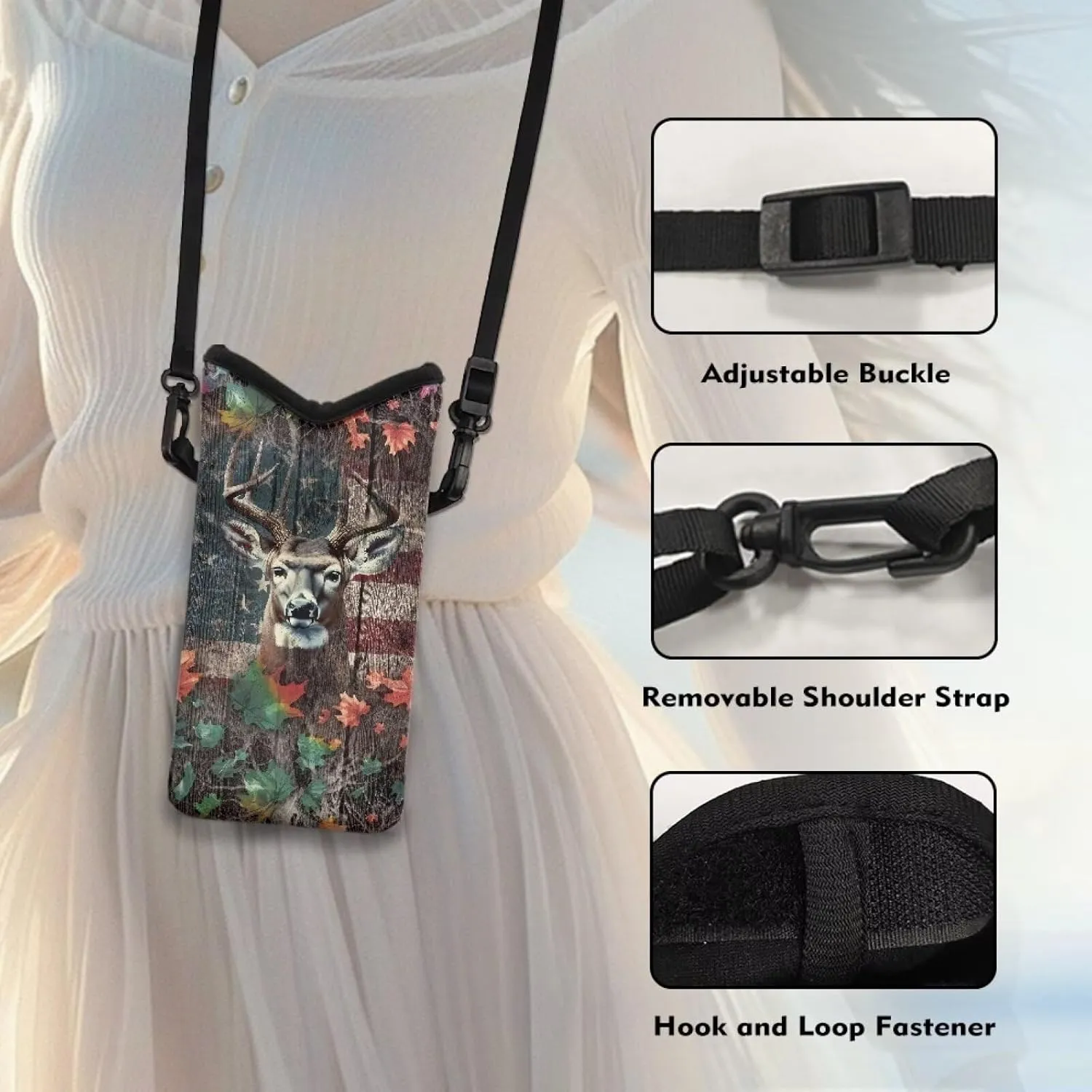 Elk Maple Leaf American Flag Print Small Crossbody Bag Cell Phone Purse with Adjustable Strap Top Opening Cell Phone Bag for Women Men Portable Compact Phone Sleeve