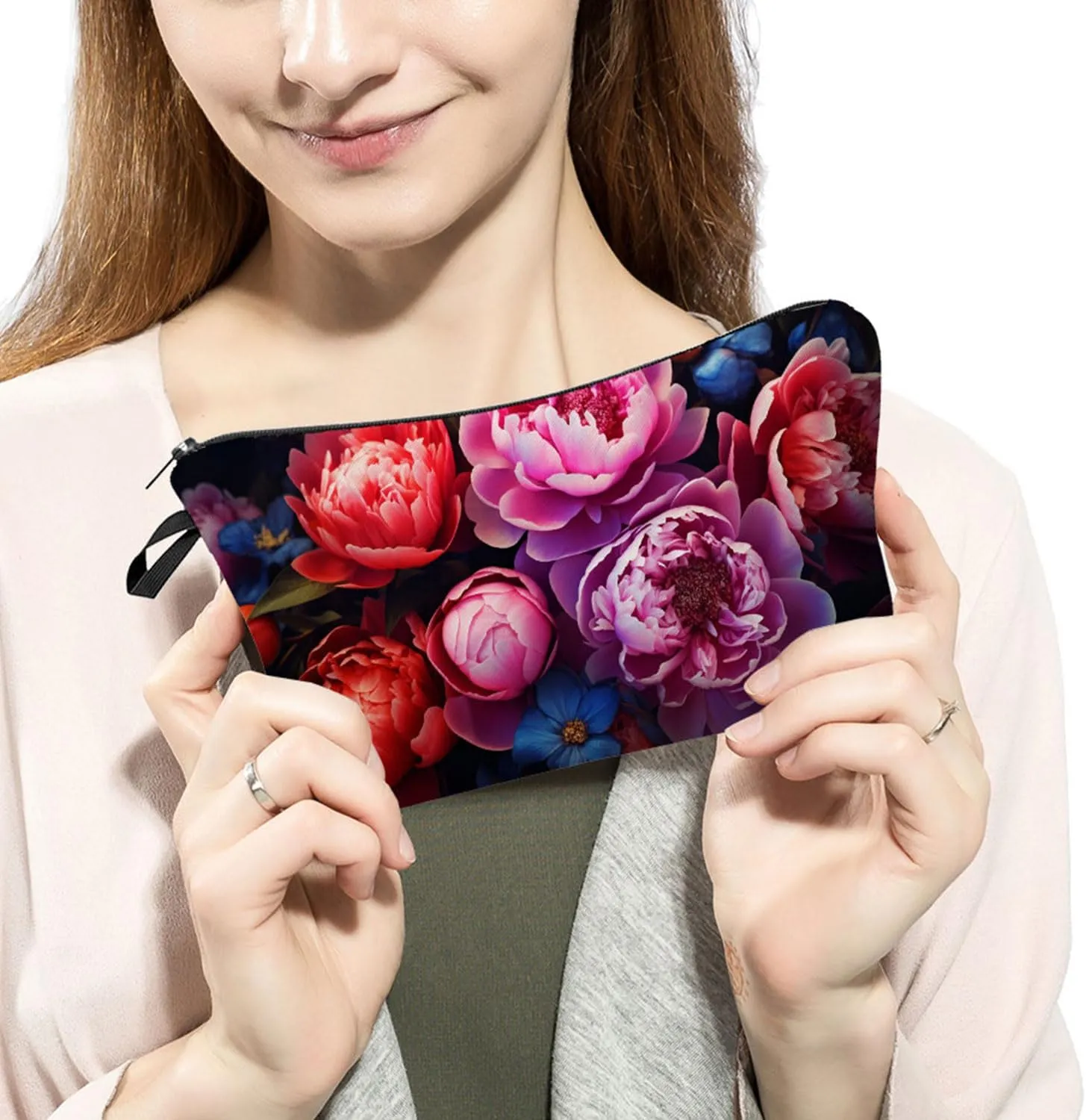 Floral Gifts Peony Makeup Bag Cute Small Makeup Organizer Bag Travel Toiletry Zipper Pouch Peony Gift for Flower Lovers Peony Cosmetic Bag for Women Friends Sisters
