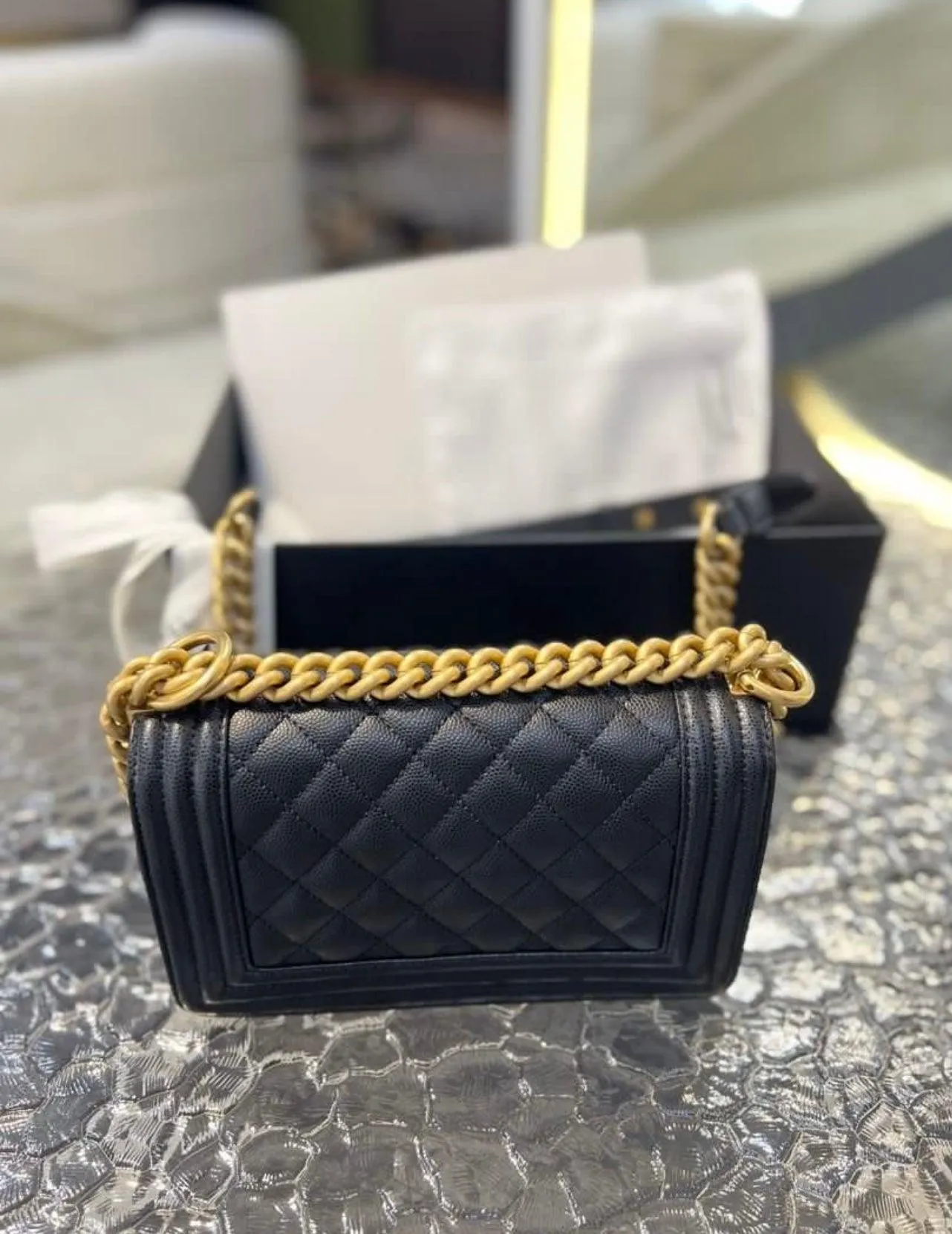 Full Set Microchip CHANEL Boy Caviar Skin Small Flap Women's Sling Bag