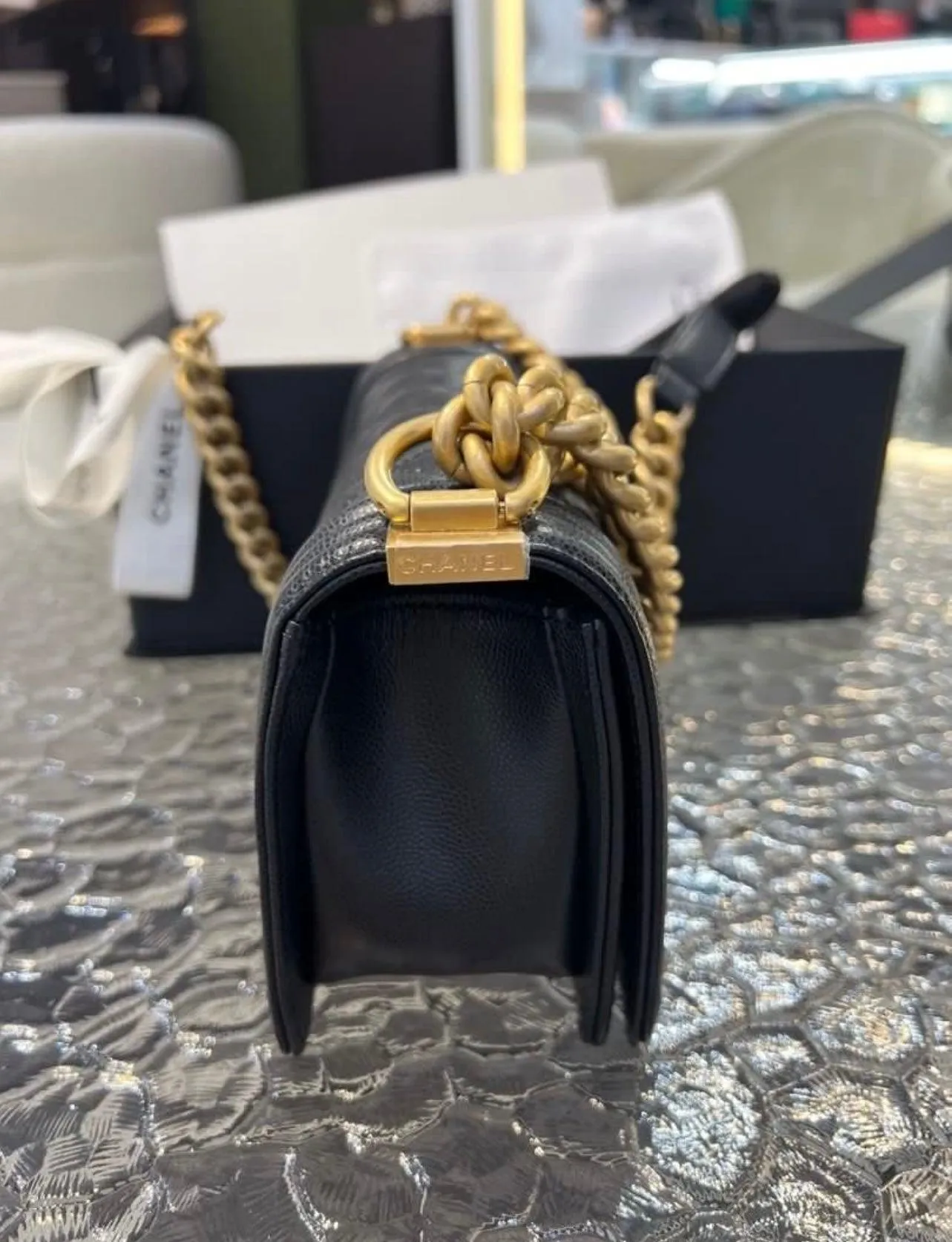Full Set Microchip CHANEL Boy Caviar Skin Small Flap Women's Sling Bag