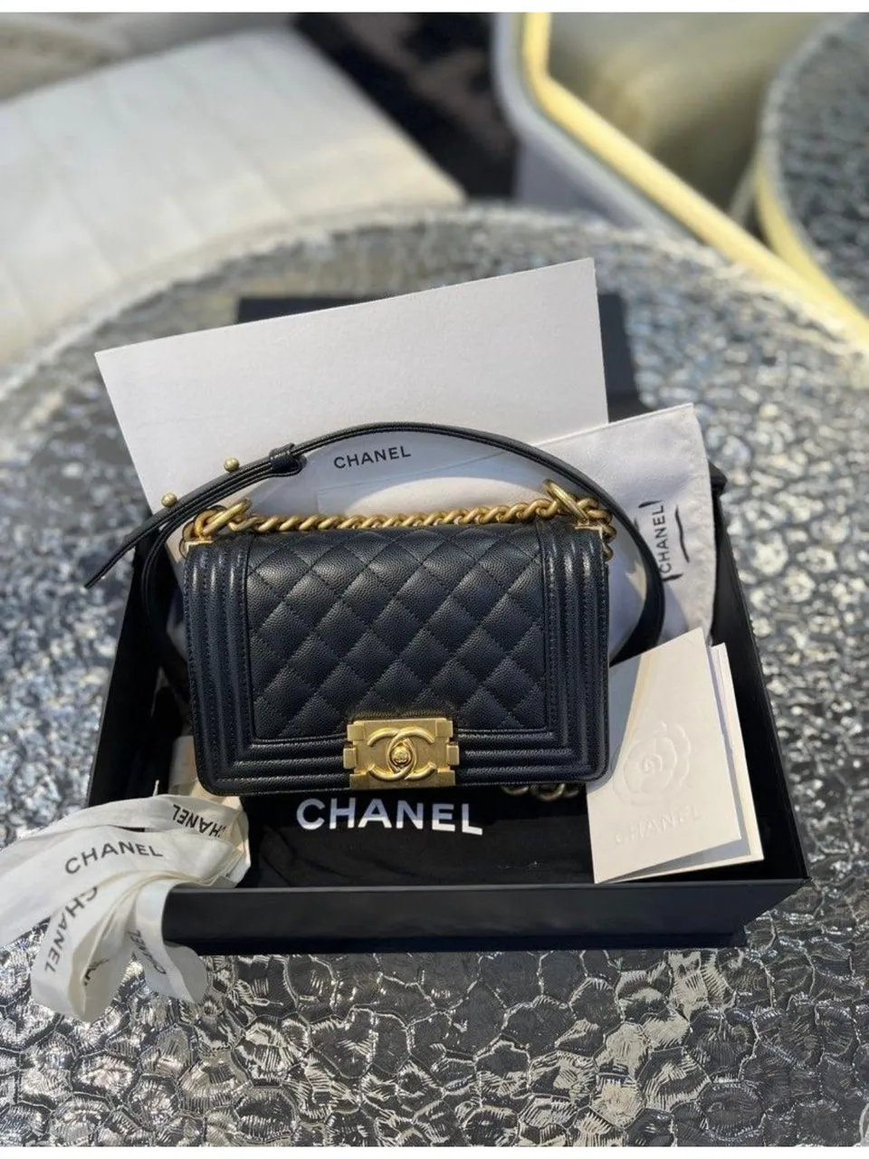 Full Set Microchip CHANEL Boy Caviar Skin Small Flap Women's Sling Bag