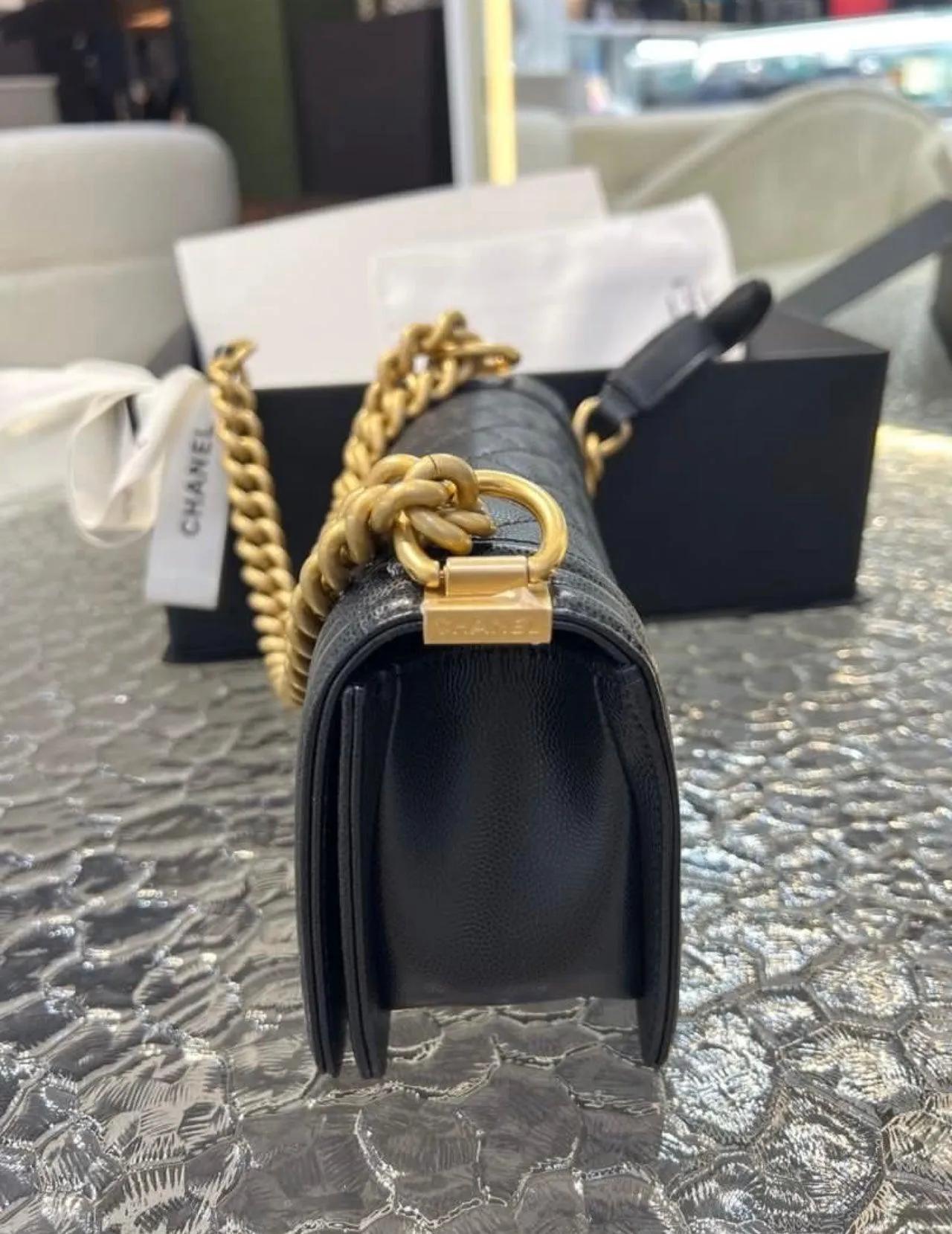 Full Set Microchip CHANEL Boy Caviar Skin Small Flap Women's Sling Bag