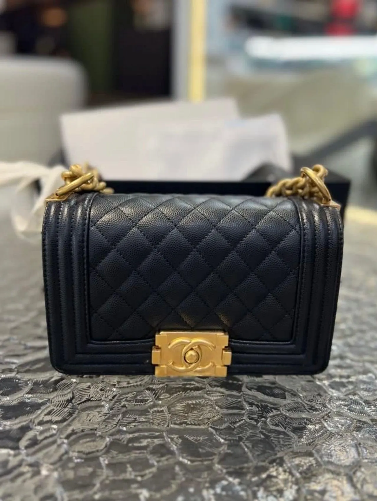 Full Set Microchip CHANEL Boy Caviar Skin Small Flap Women's Sling Bag
