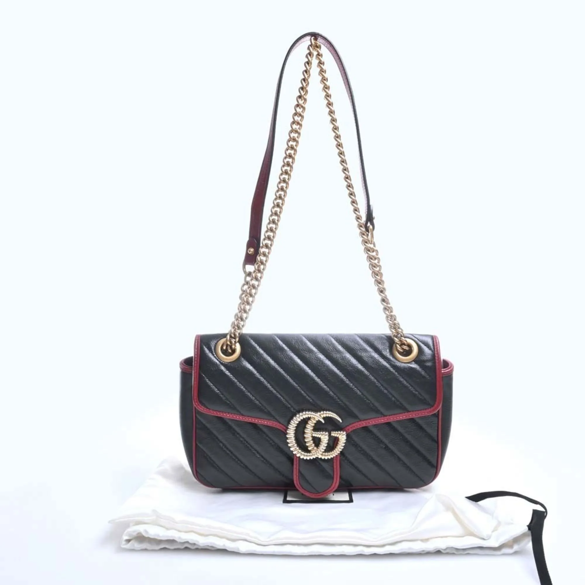 GUCCI GG Marmont Leather Chain Shoulder Bag 443497 Black/Red Women's
