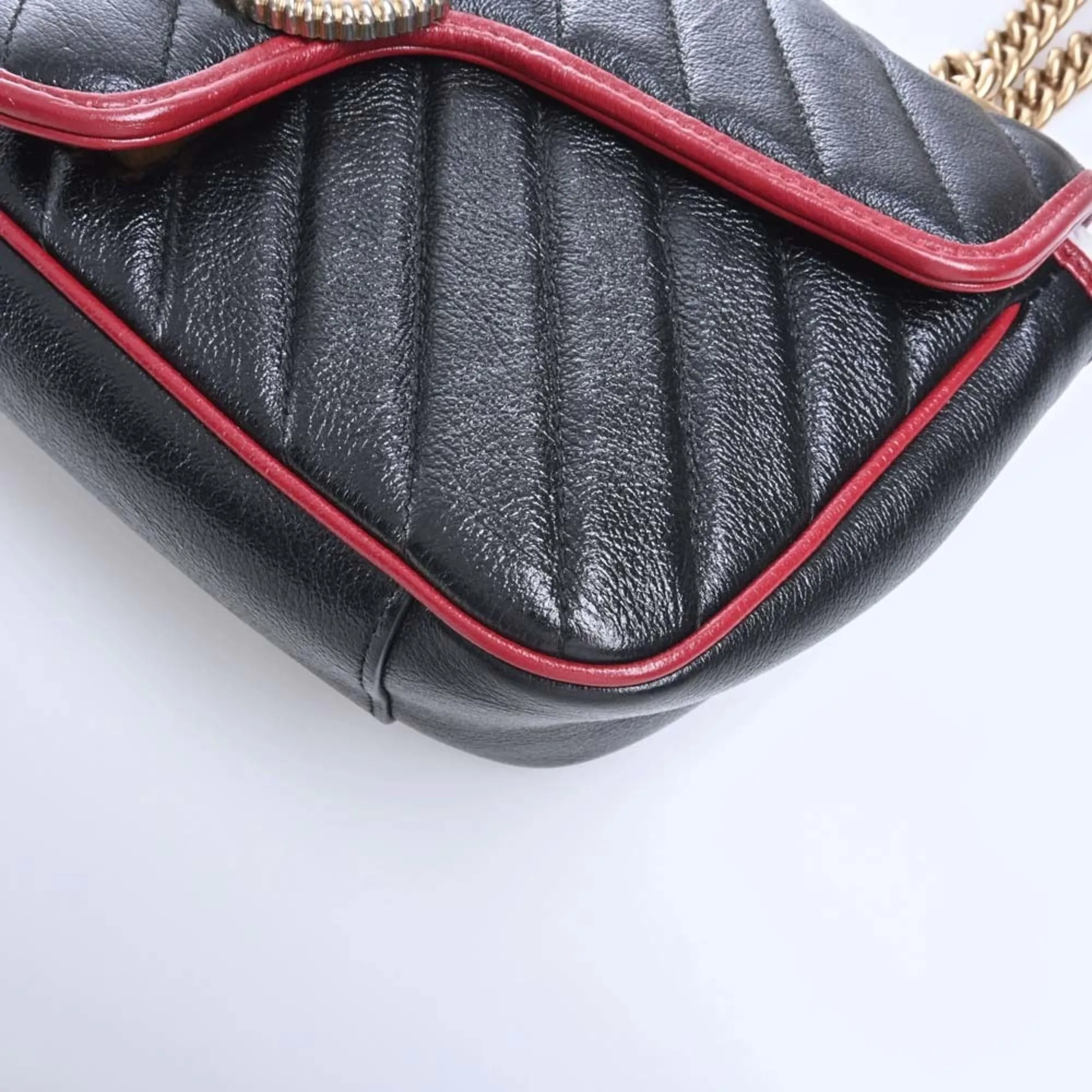 GUCCI GG Marmont Leather Chain Shoulder Bag 443497 Black/Red Women's
