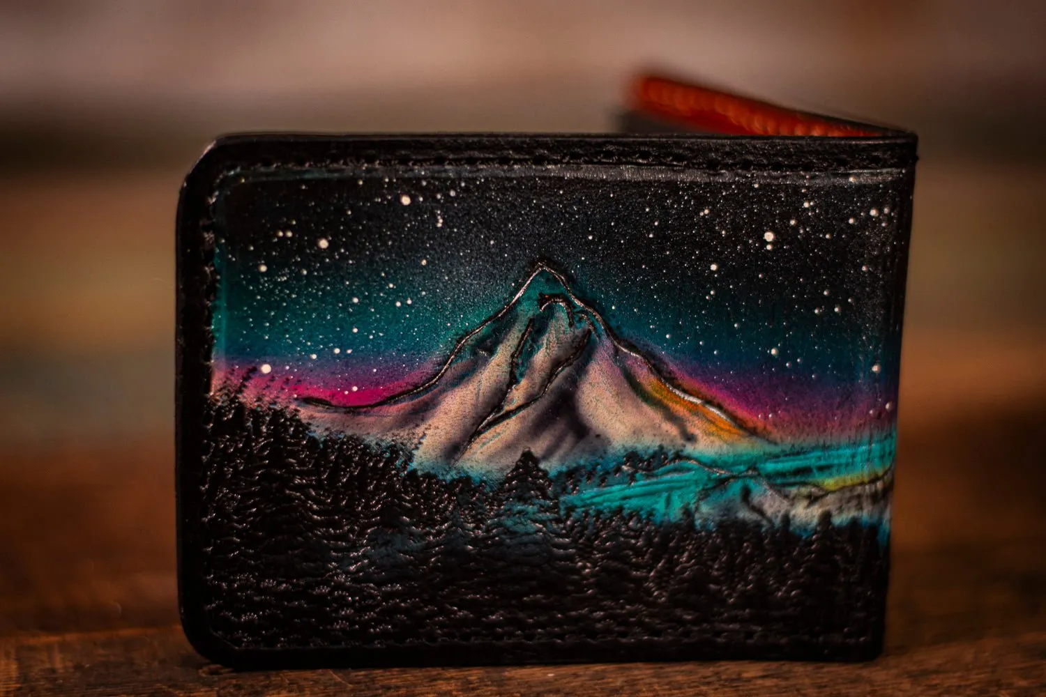 Handcrafted Leather Bifold Wallet - Bigfoot on UFO with Moonlit Mountains and Aurora Borealis - Cryptid and UFO-Inspired Wallet