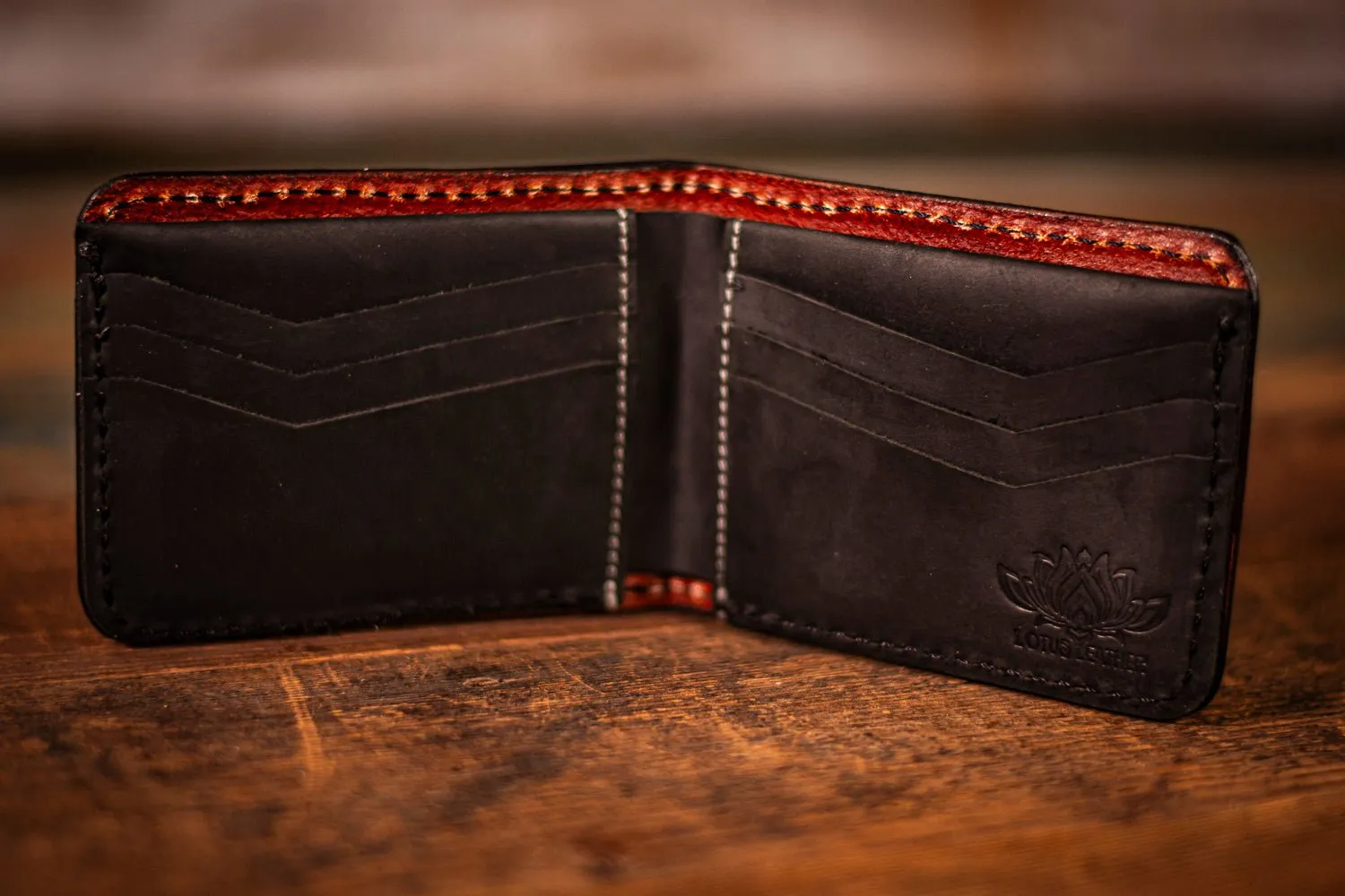 Handcrafted Leather Bifold Wallet - Bigfoot on UFO with Moonlit Mountains and Aurora Borealis - Cryptid and UFO-Inspired Wallet