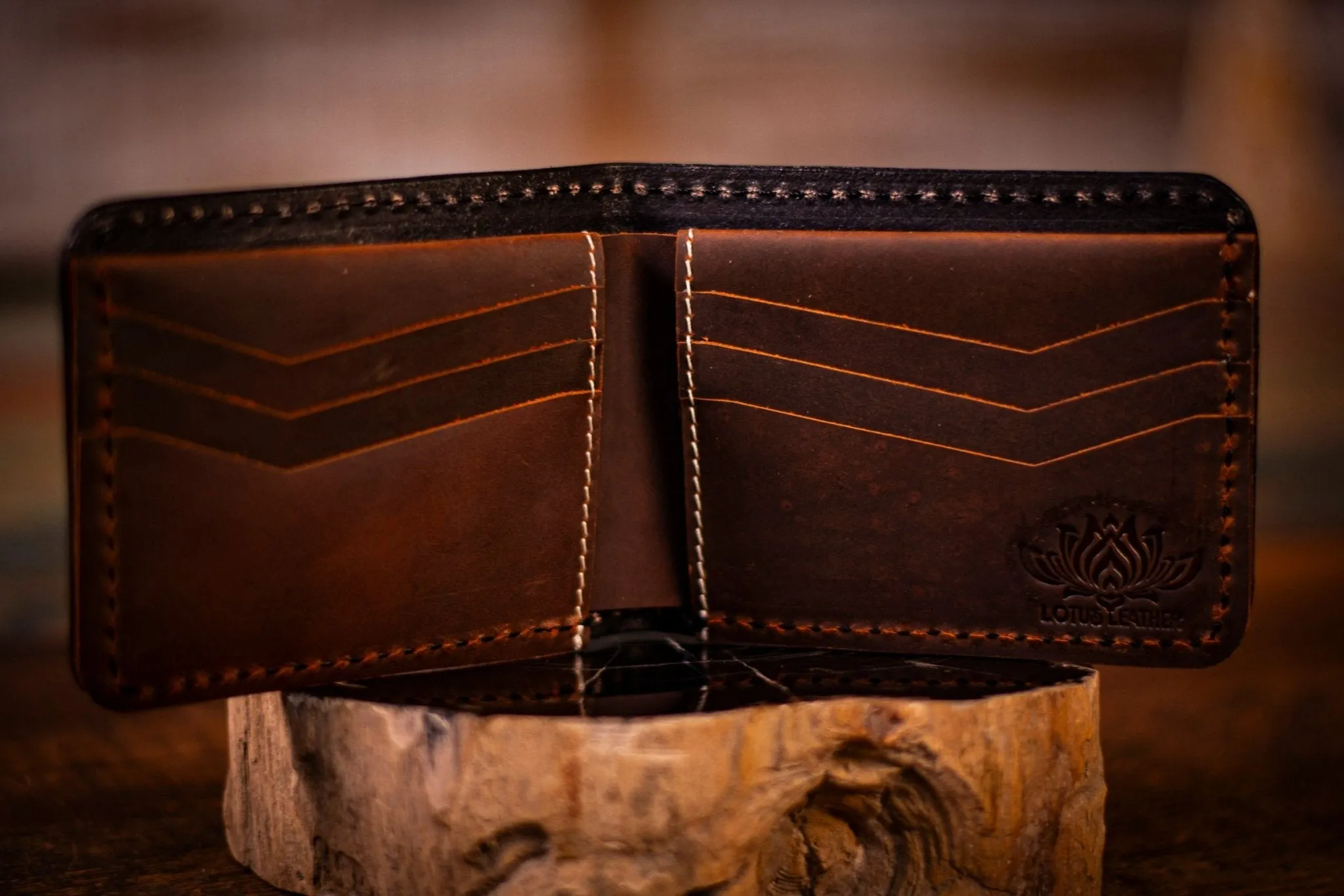 Handcrafted Leather Bifold Wallet - Bigfoot on UFO with Moonlit Mountains and Aurora Borealis - Cryptid and UFO-Inspired Wallet