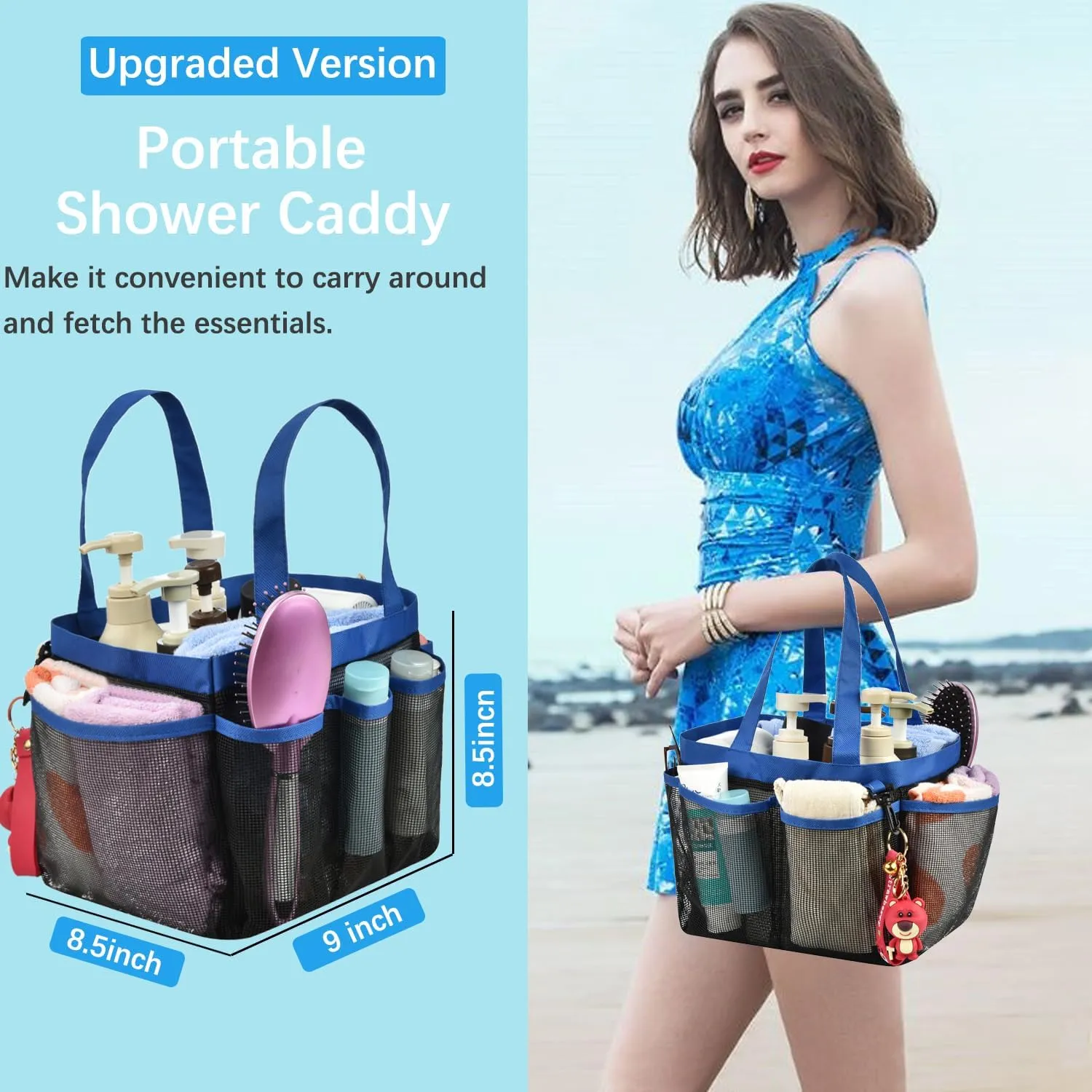 Haundry Mesh Shower Caddy Tote, Large College Dorm Bathroom Caddy Organizer with Hook and Handles, 8 Basket Pockets for Camp Swimming Travel Gym Beach