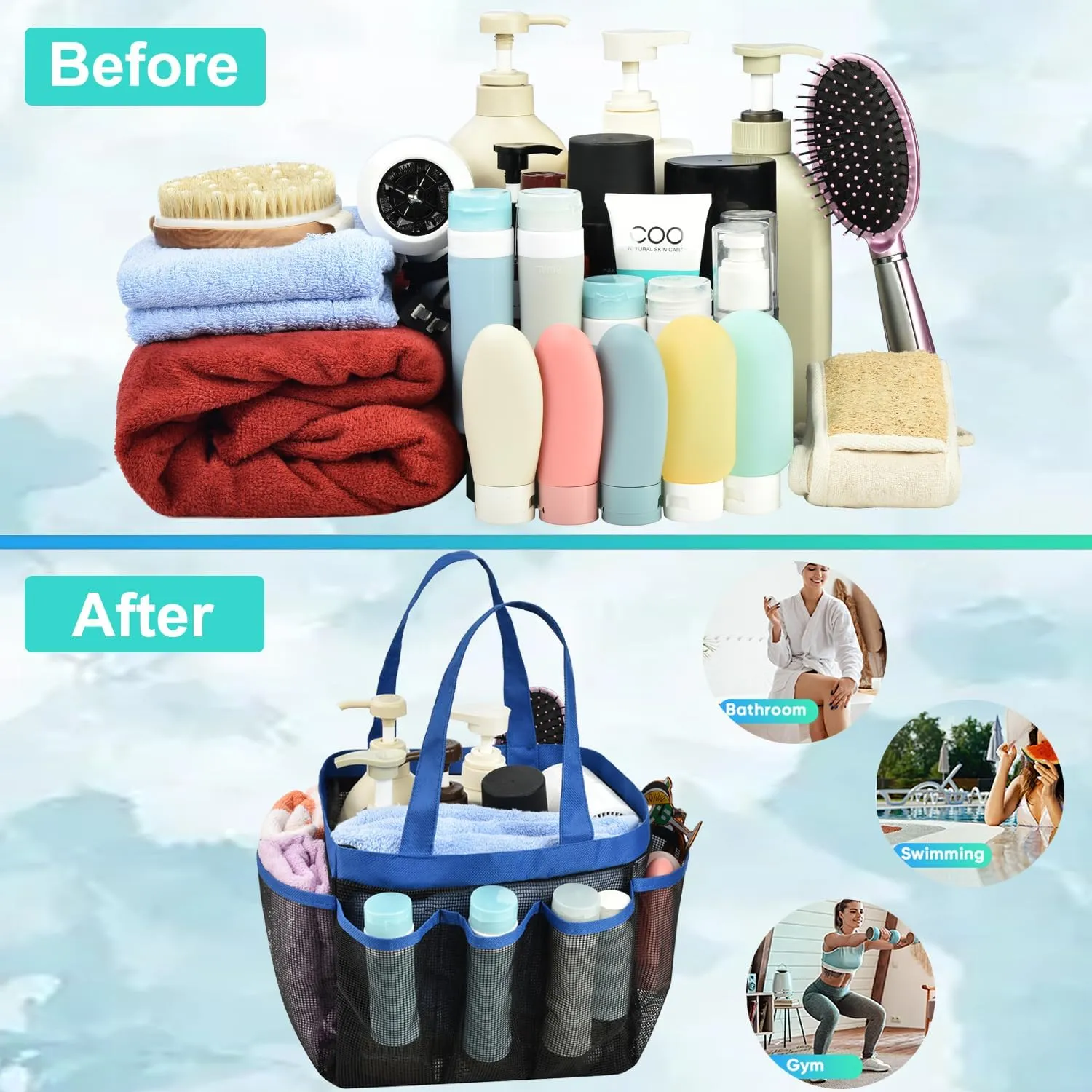 Haundry Mesh Shower Caddy Tote, Large College Dorm Bathroom Caddy Organizer with Hook and Handles, 8 Basket Pockets for Camp Swimming Travel Gym Beach