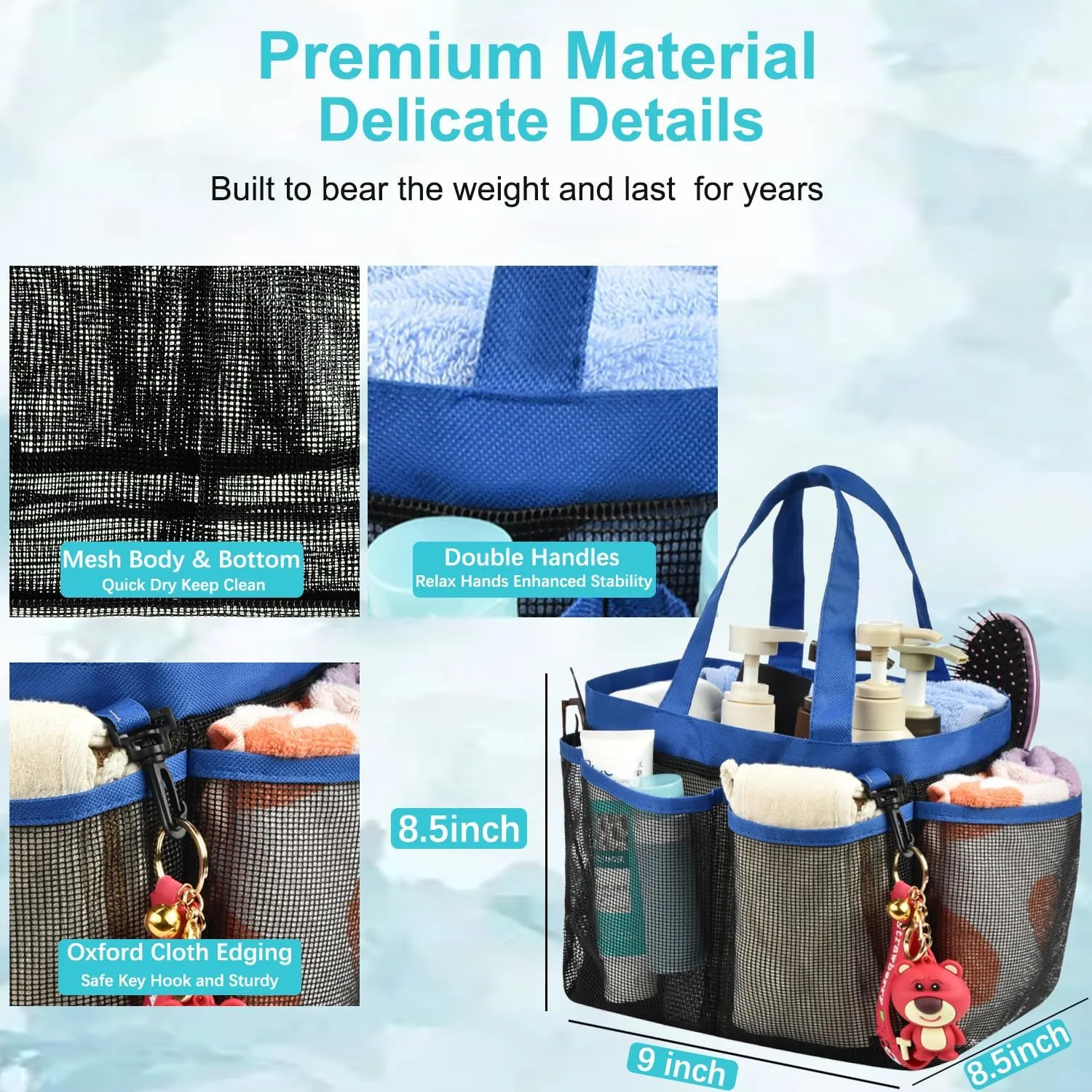 Haundry Mesh Shower Caddy Tote, Large College Dorm Bathroom Caddy Organizer with Hook and Handles, 8 Basket Pockets for Camp Swimming Travel Gym Beach