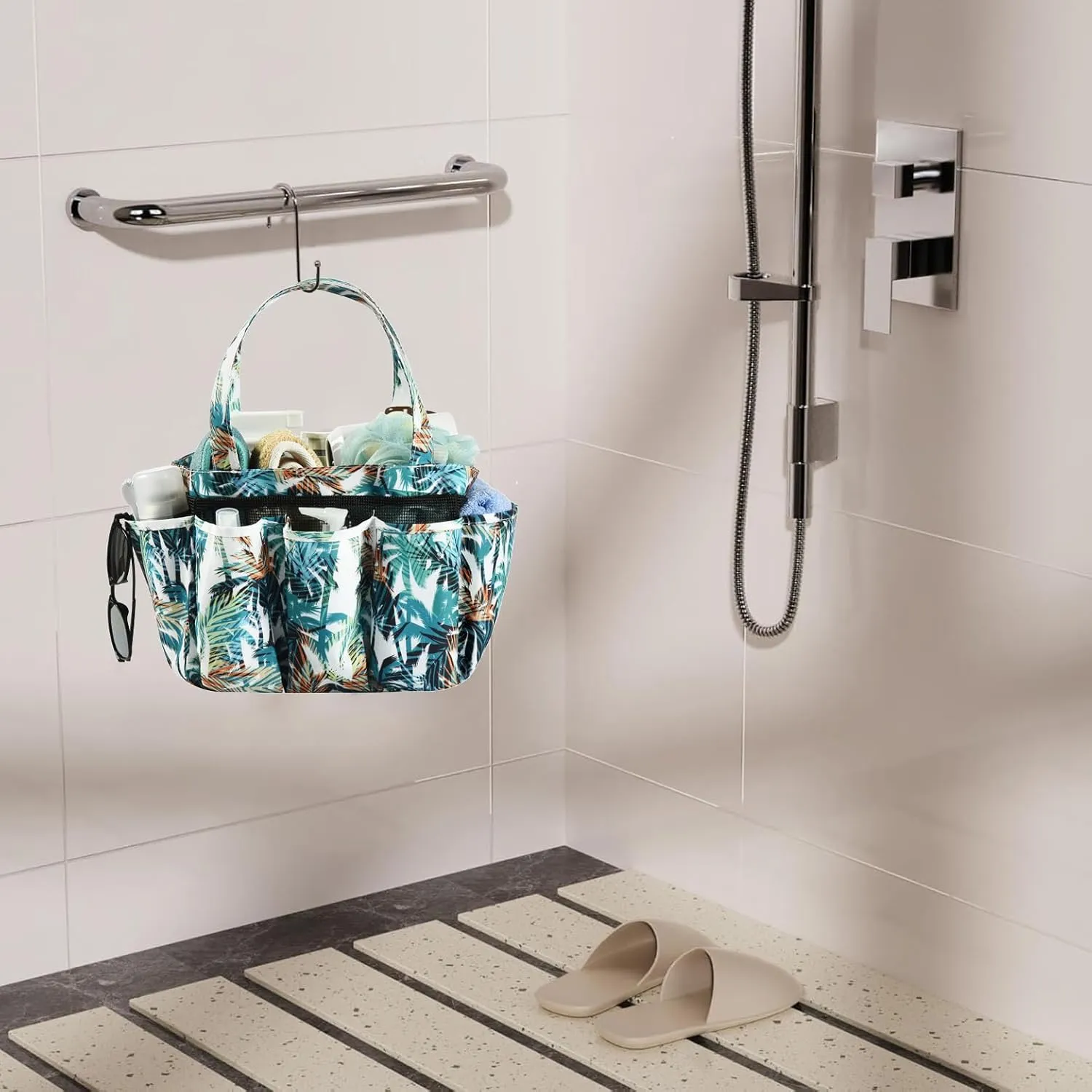 Haundry Shower Caddy Bag, Portable Mesh Shower Basket Organizer with Key Hook for College Dorm Bathroom Camp Gym, Hanging Tote Bag with 8 Pockets, Coconut Tree