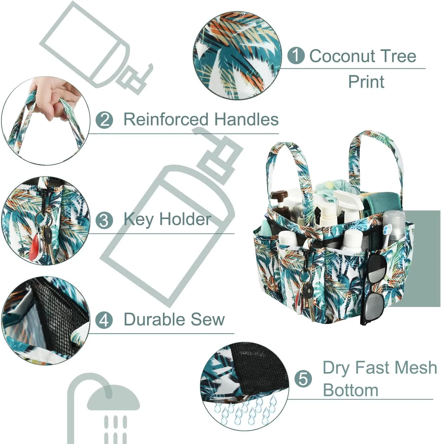 Haundry Shower Caddy Bag, Portable Mesh Shower Basket Organizer with Key Hook for College Dorm Bathroom Camp Gym, Hanging Tote Bag with 8 Pockets, Coconut Tree