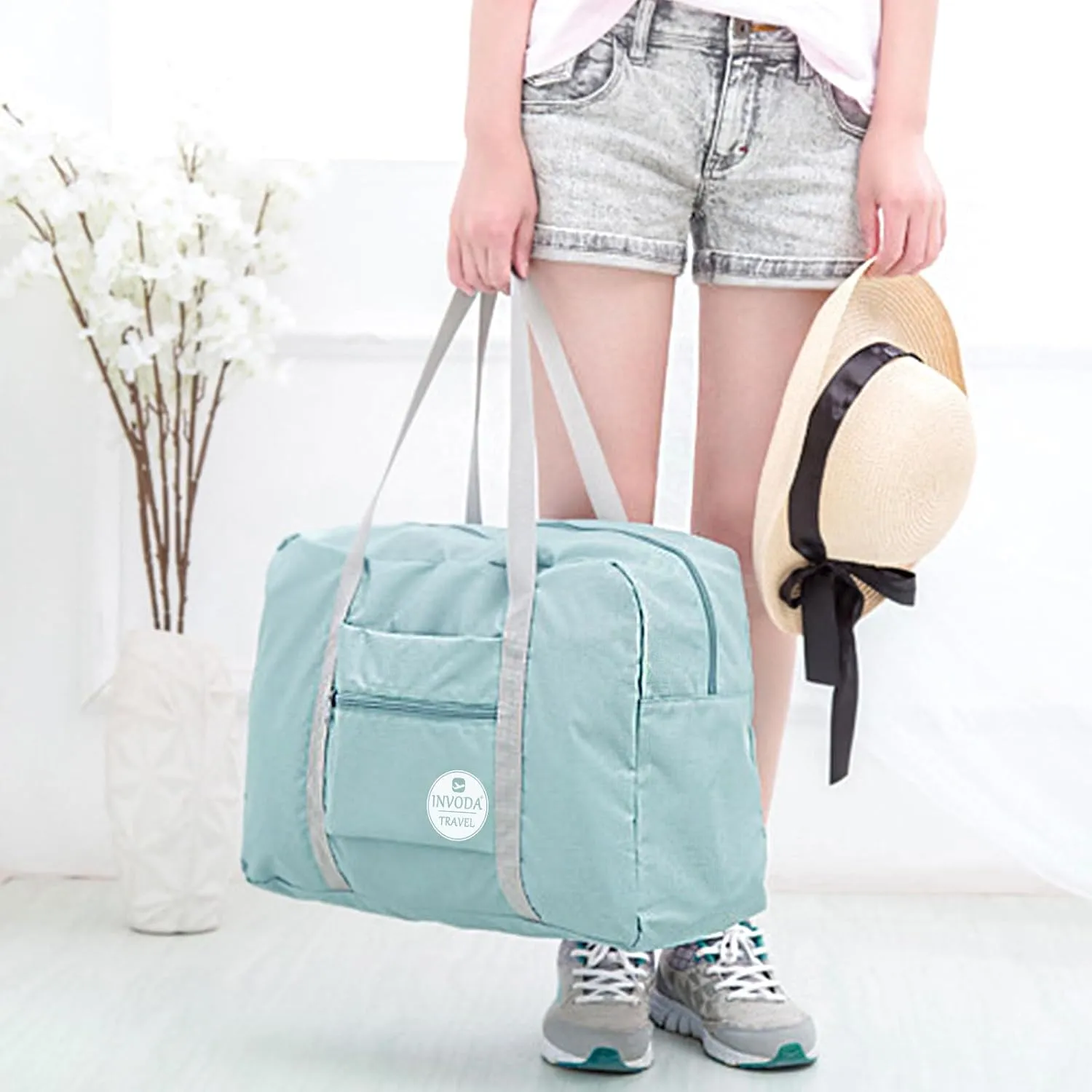 INVODA Travel Duffel Bag for Women Men Foldable Luggage Bags Sports Gym Bag Spirit Airlines Personal Item Carry on Weekender Overnight Bag (Pink Green)