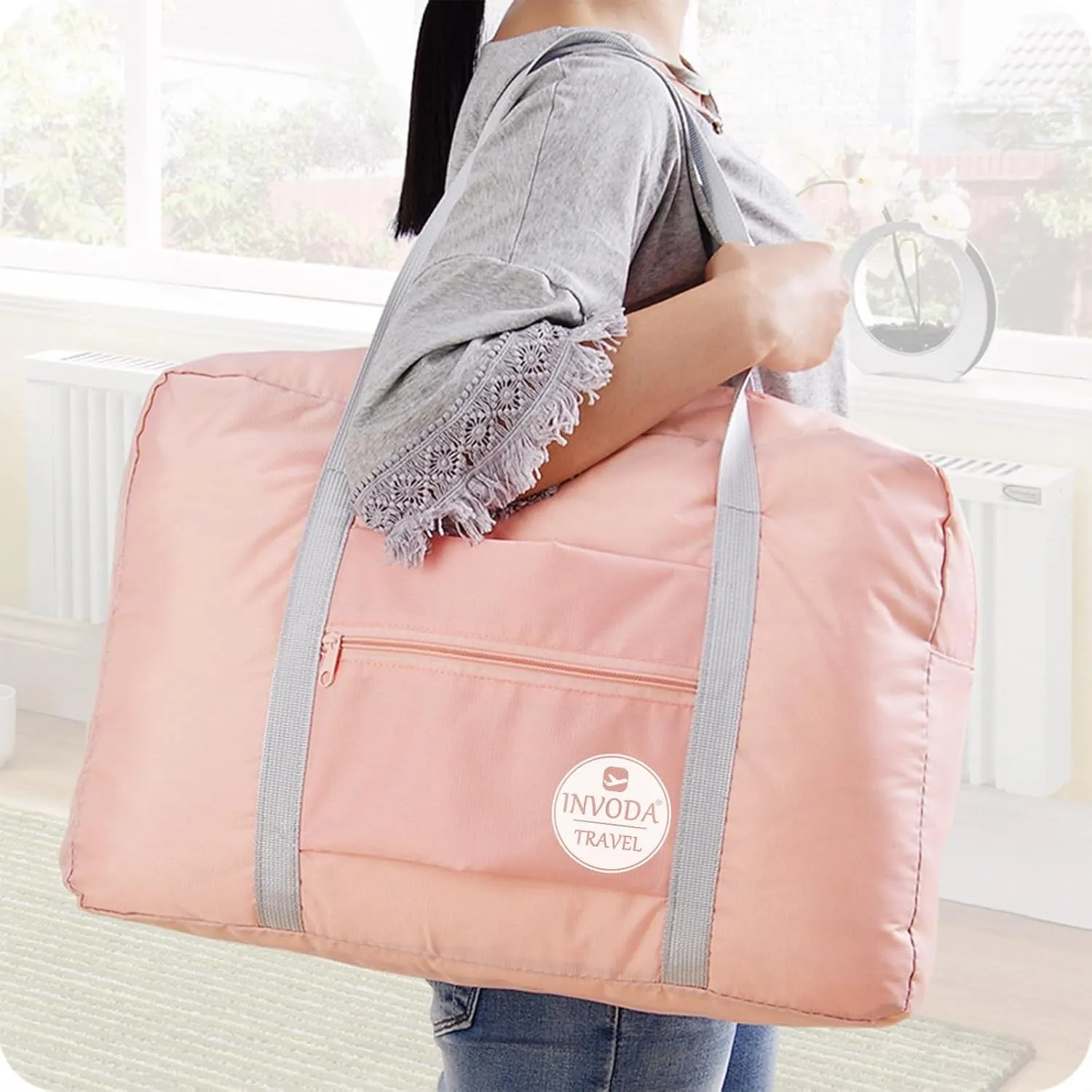 INVODA Travel Duffel Bag for Women Men Foldable Luggage Bags Sports Gym Bag Spirit Airlines Personal Item Carry on Weekender Overnight Bag (Pink Green)