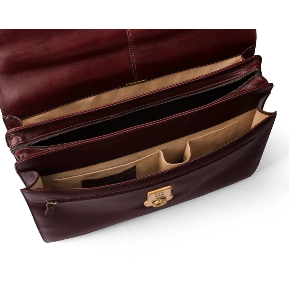 Large Leather Hatton Briefcase With Solid Brass Lock - Dark Tan