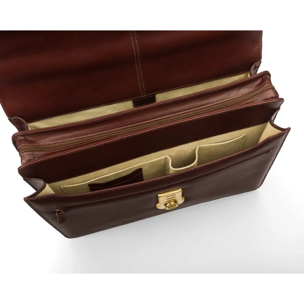 Large Leather Hatton Briefcase With Solid Brass Lock - Dark Tan