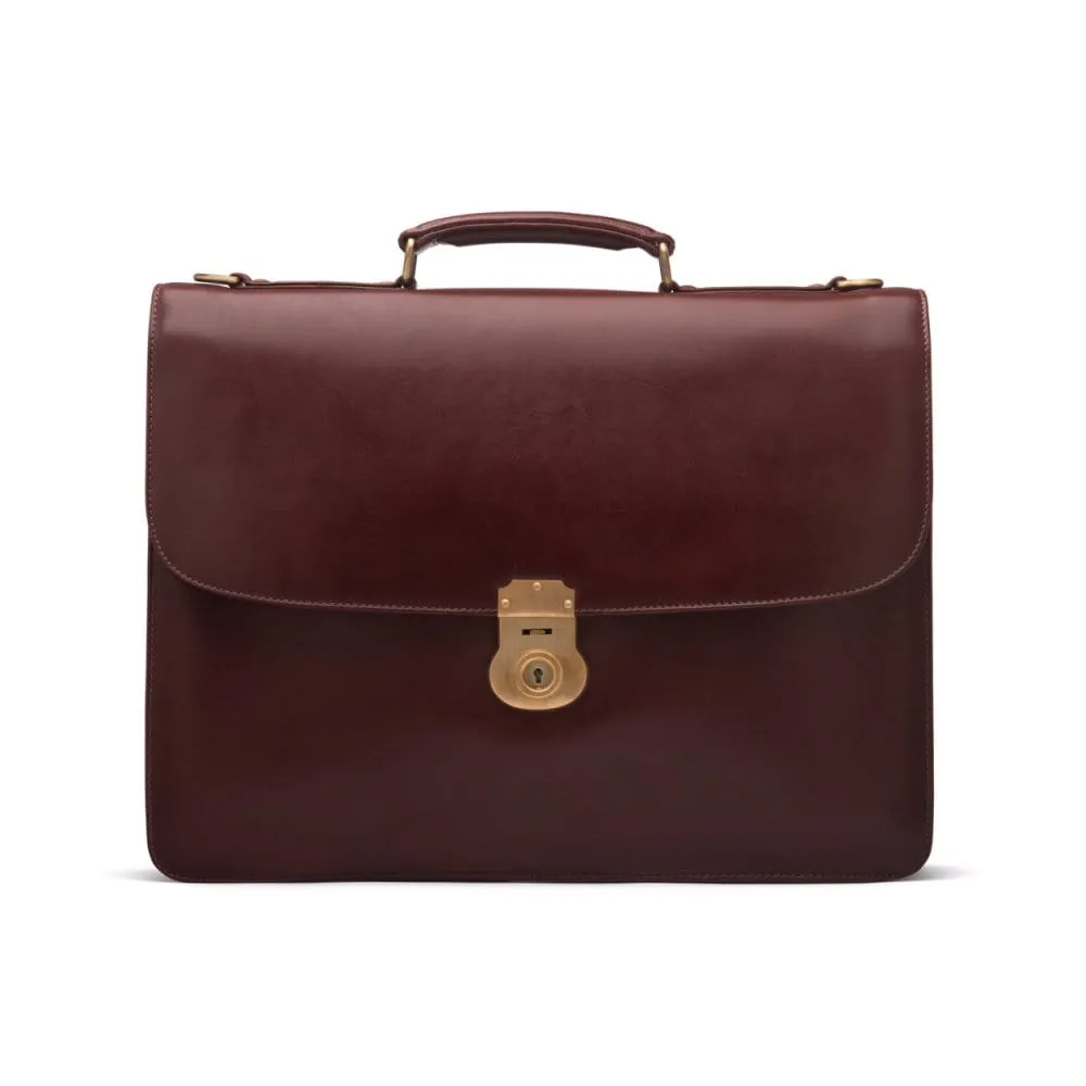 Large Leather Hatton Briefcase With Solid Brass Lock - Dark Tan