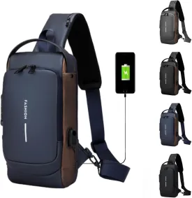Leyweio Bag, Carbon Fiber Streamline Anti-Theft Sling Bag, Waterproof USB Charging Port Sport Shoulder Backpack Crossbody Chest (Blue Gold)
