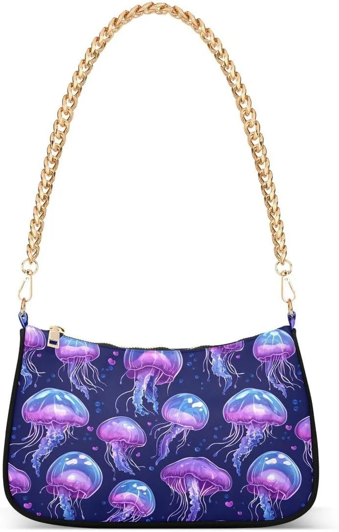 Lovely Jellyfish Fish Tote Bag Shoulder Bag Hobo Handbag for Women Ladies Mini Clutch Purse with Zipper Closure