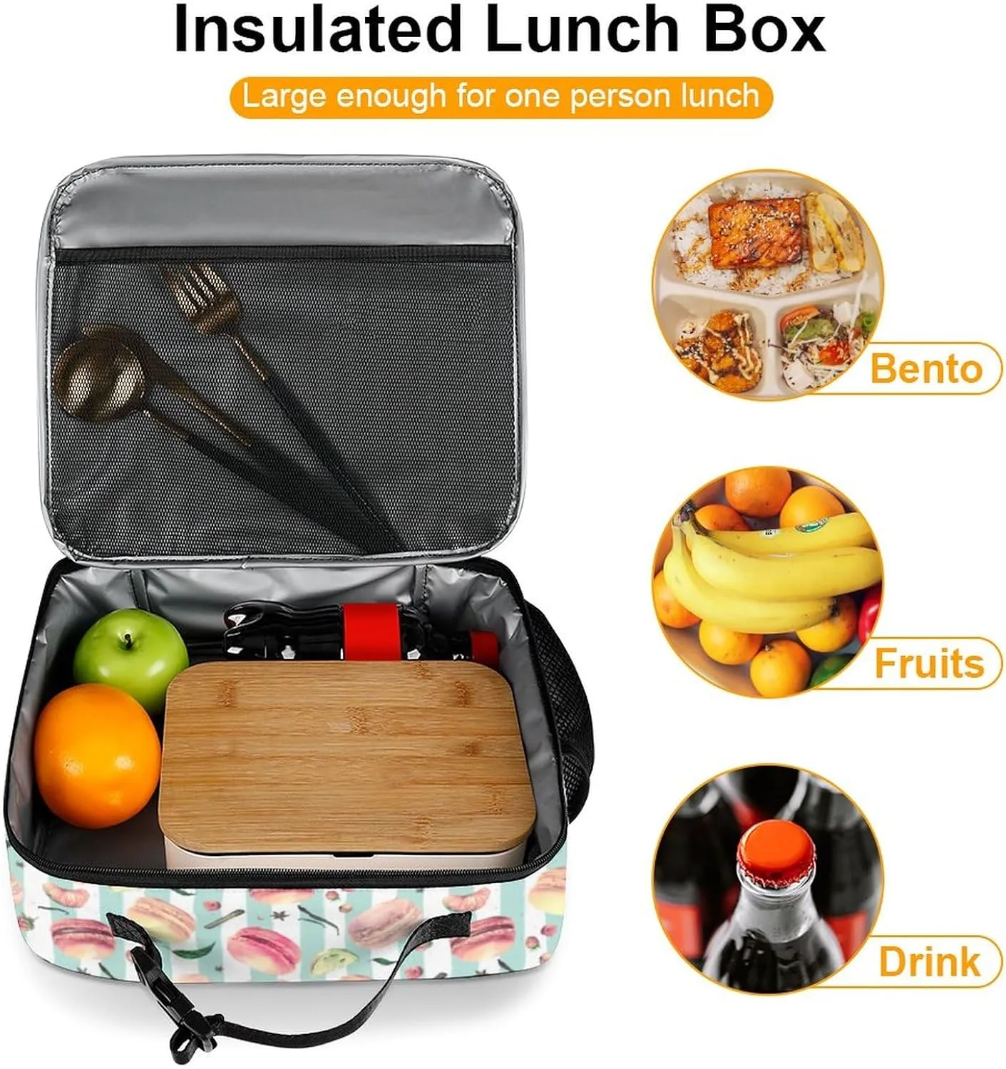 Macaron Reusable Lunch Box Insulated Lunch Bag Cooler Bag Lunchbox Meal Food Container Tote Bag for Women Kids Girls School Camping Hiking Picnic Beach Travel