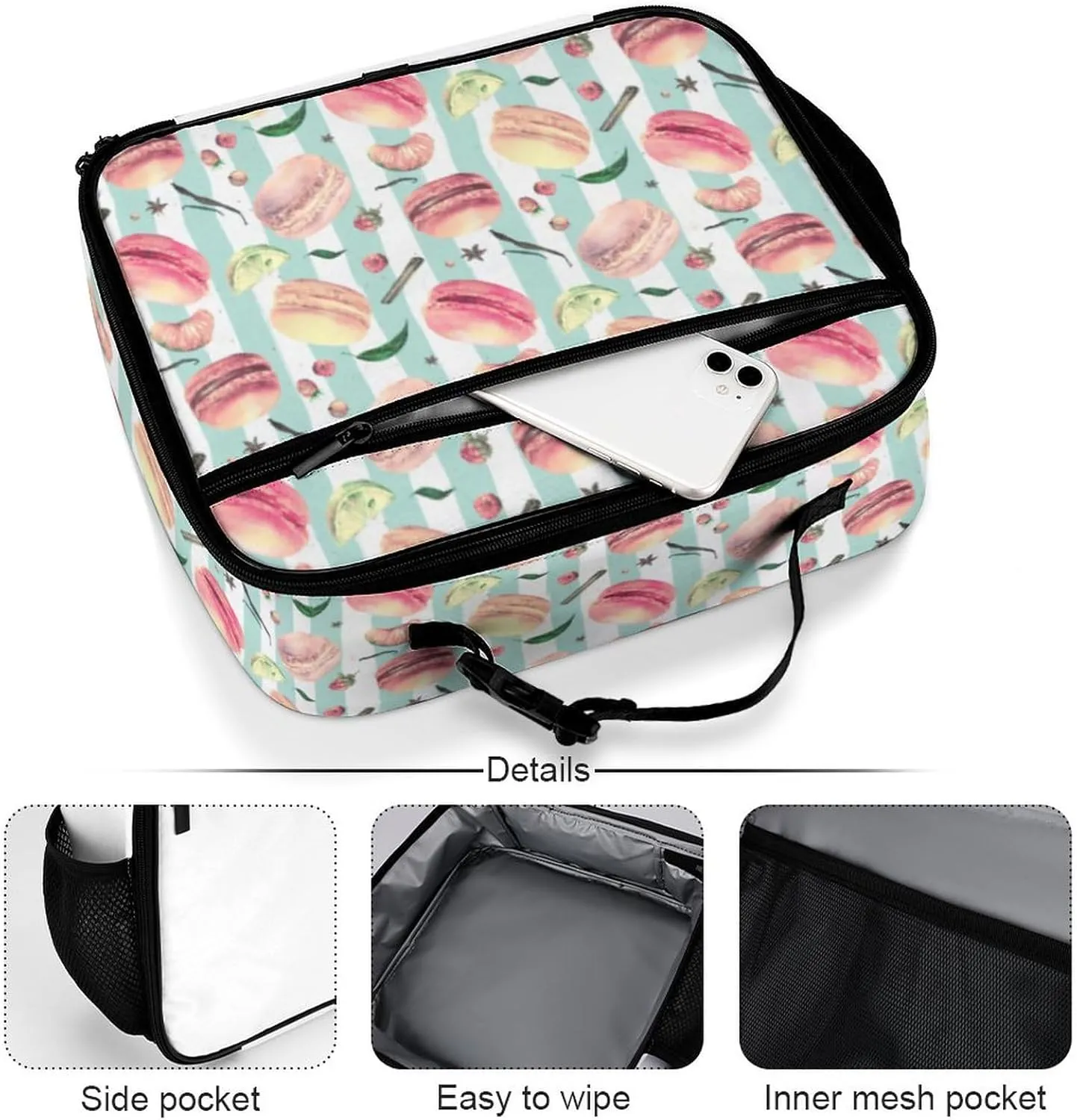 Macaron Reusable Lunch Box Insulated Lunch Bag Cooler Bag Lunchbox Meal Food Container Tote Bag for Women Kids Girls School Camping Hiking Picnic Beach Travel