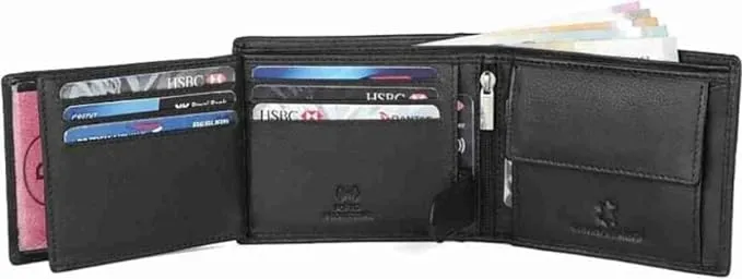 Men's Genuine Leather Wallet Black Color RFID Protection & 12 Card Slots (Pack of 1).