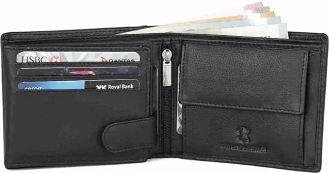 Men's Genuine Leather Wallet Black Color RFID Protection & 12 Card Slots (Pack of 1).