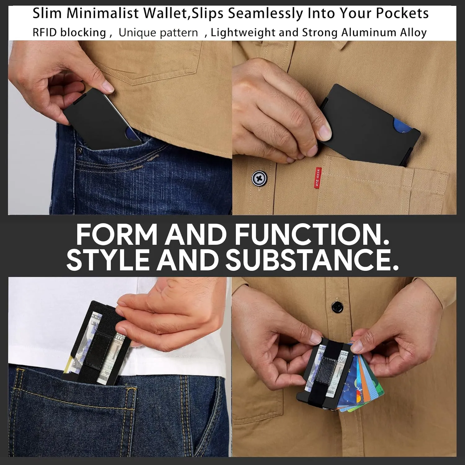 Minimalist Carbon Fiber Wallet for Men, Money Clip Cash Strap Wallet, RFID Blocking Metal Wallet Aluminum Card Holder,Front Pocket Wallet